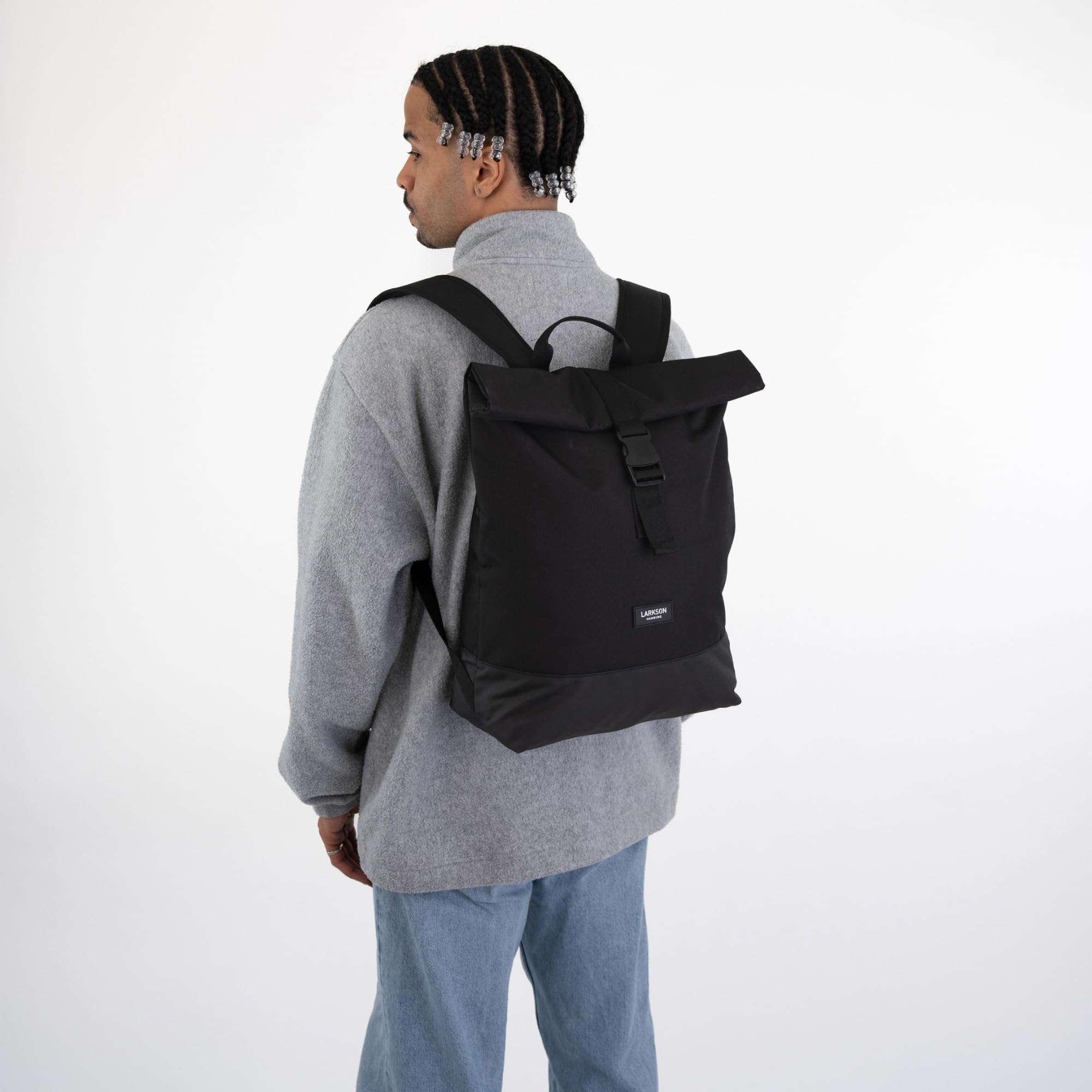 LARKSON Zaino Donna Uomo Nero - Tammo - Borsa per PC Portale, Lavoro, Università e Viaggio - Rolltop Leggero - Impermeabile