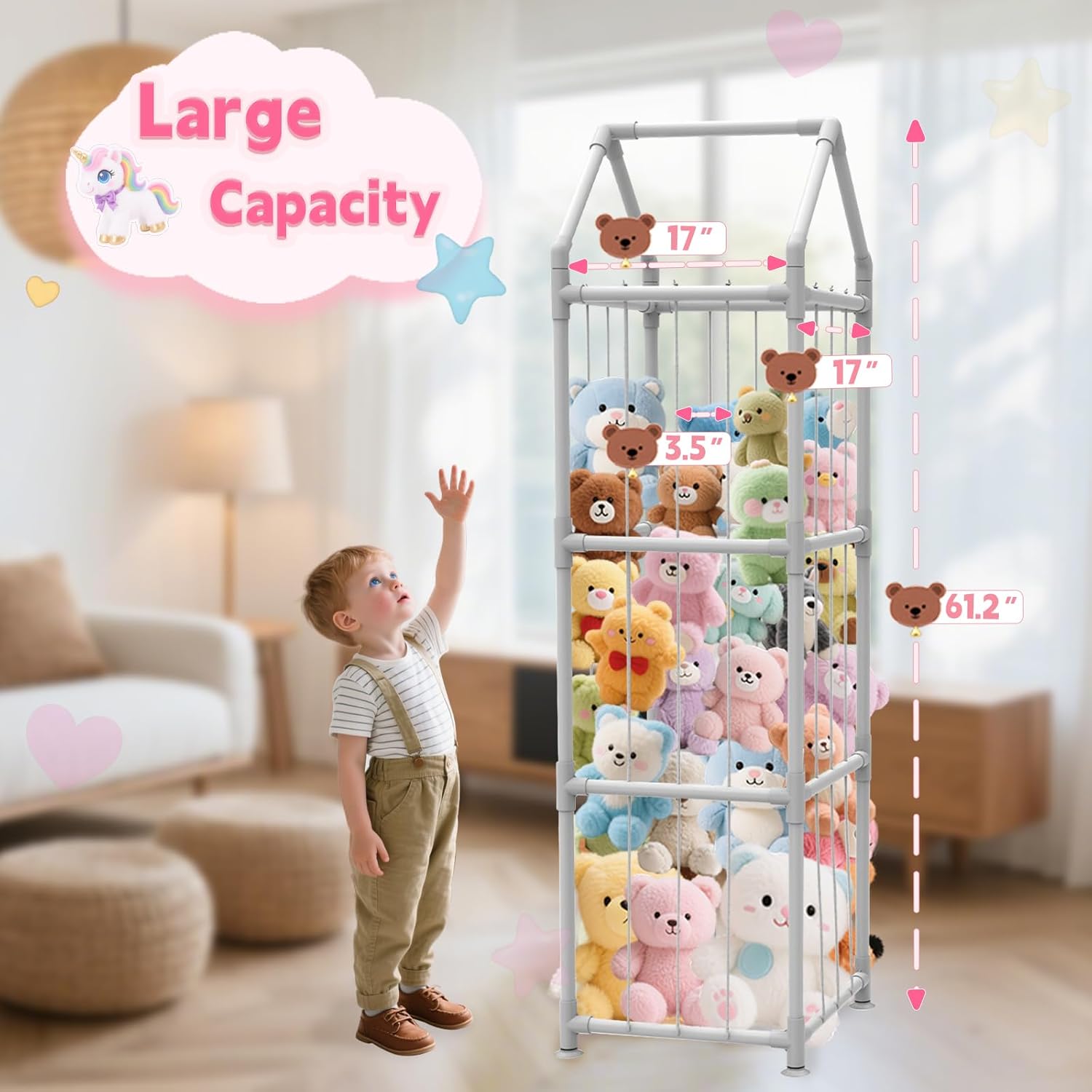 Stuffed Animal Storage with Suction Cups, Upgraded ABS Stuffed Animal Holder, Toy Storage Organizer with Elastic Bands, Plush Toy Organizer for Nursery, Playroom, Kids Bedroom (White) - Image 3