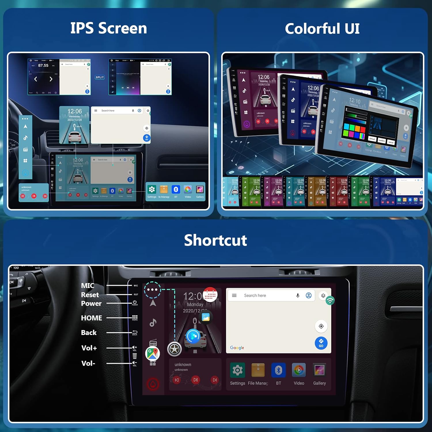 Image showing the IPS screen with split-screen functionality, various colorful UI themes, and a shortcut menu on the left side of the display.