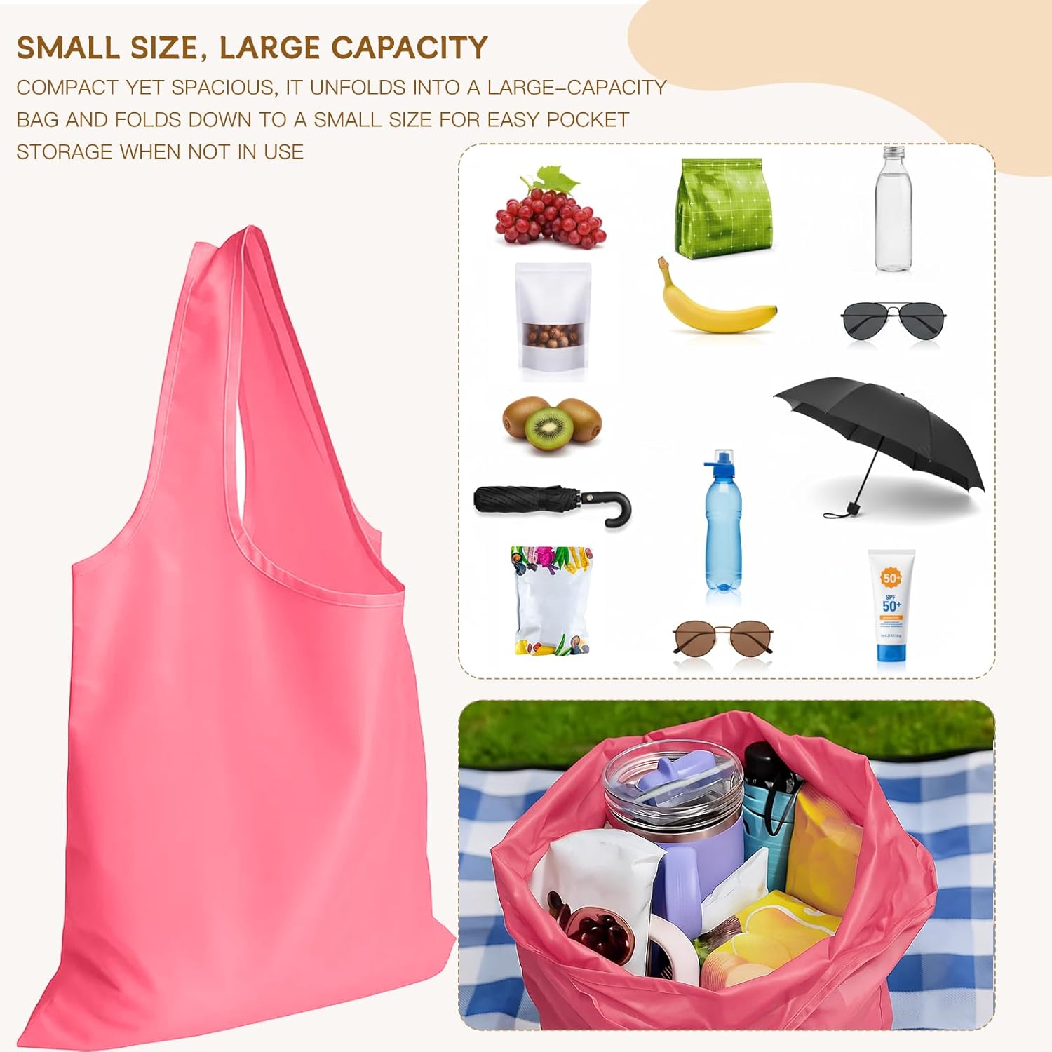 2 Pack Foldable Shopping Bag, Waterproof Reusable Grocery Tote Bag Holder,Nylon(White) - Image 3