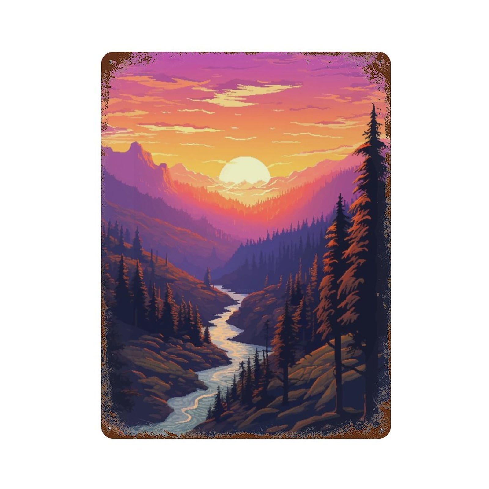 Forest Sunset Pixel Art 15.7"x11.8" Aged Metal Wall Plaque, Retro Wall Decor for Farmhouse, Kitchen And Entryway Decor