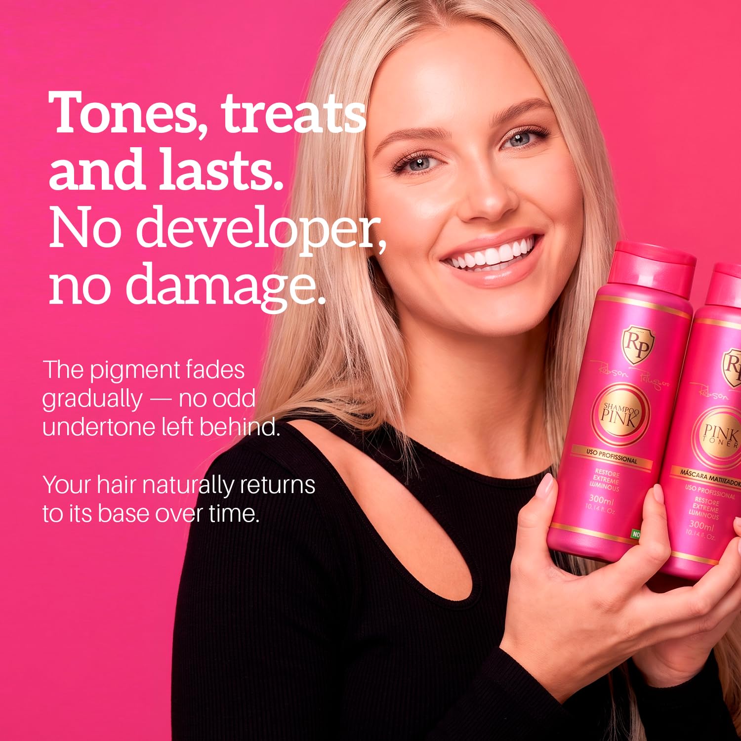Robson Peluquero Kit Matizador Rosa Pink – Tonalizante + Champú para Cabello Rubio, Decolorado y con Mechas, Efecto Champagne y Neutralización de Tonos Amarillos, Hidratación y Reparación – 2x300 ml