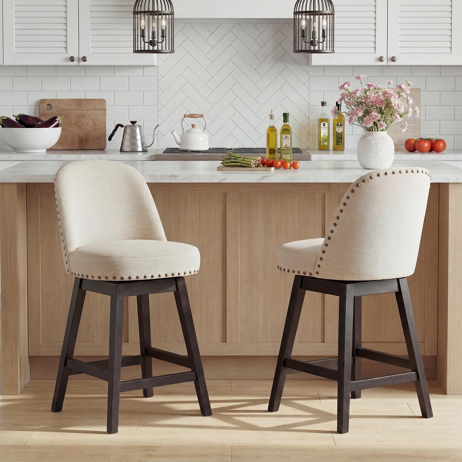 Bar Stools Set of 2, 360° Swivel Counter Stools with Upholstered Seat, Wooden Frame & Nailhead Trim, Kitchen Breakfast Bar Chairs with Backrest for Kitchen Island, Dining Room, Home Bar,Beige