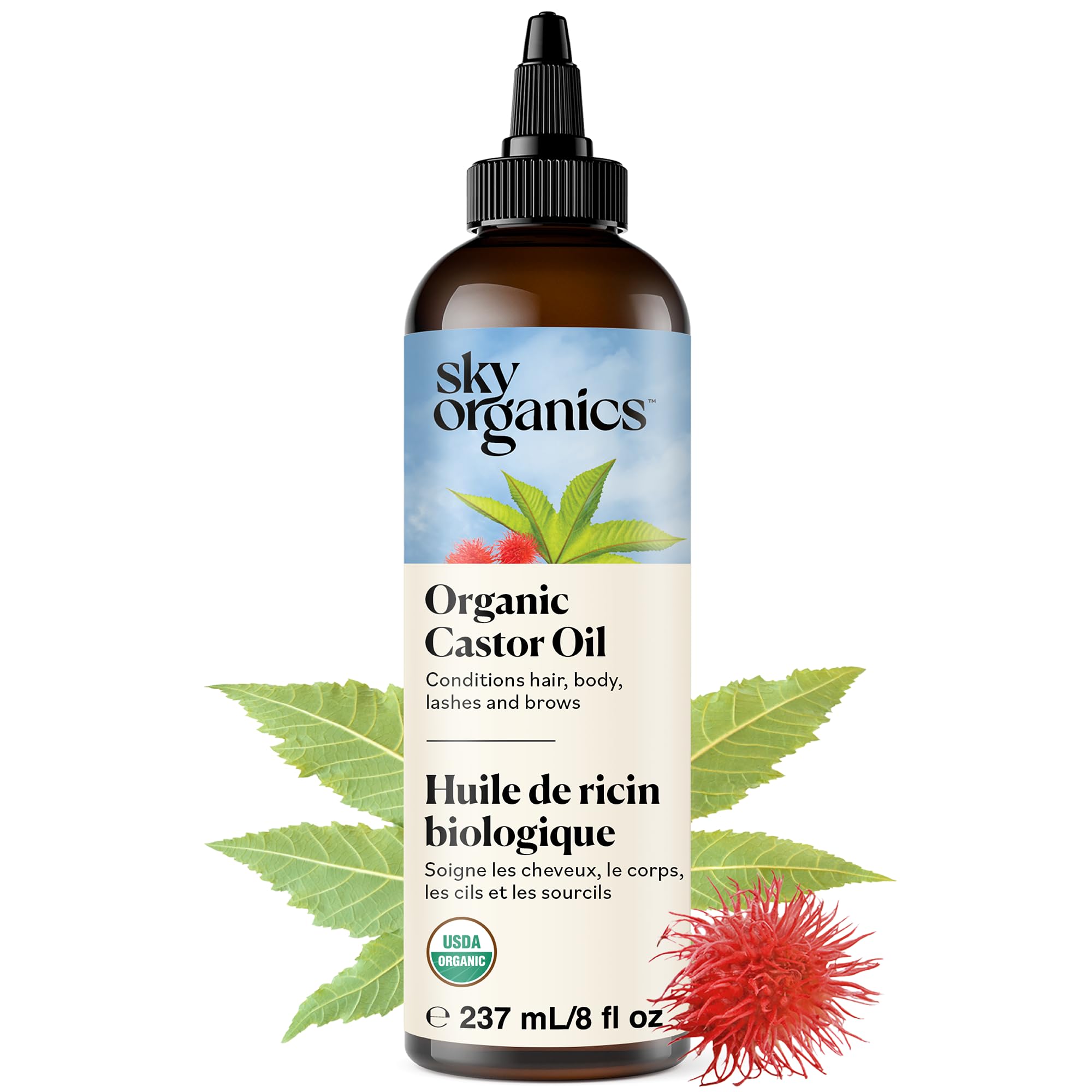 Sky Organics Organic Castor Oil 8oz, Pure, Cold Pressed and Hexane Free | Hair & Skin Conditioning Oil Rich in Omega Fatty Acids. Supports Healthy Hair, Scalp, Lashes & Brows. USDA Organic. Multi-Use USDA Organic