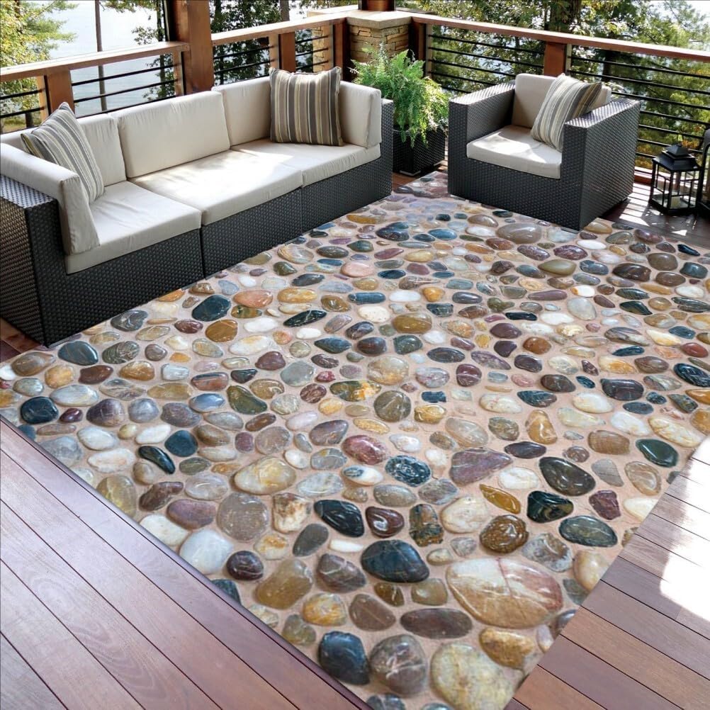 Colorful Cobblestone Pattern Modern Farmhouse Outdoor Rug Natural Washable No Shedding Waterproof Thin Cozy Low Pile Floor Mat for Patio Pool Deck Balcony Backyard Porch Balcony Carpet Mats 5x8