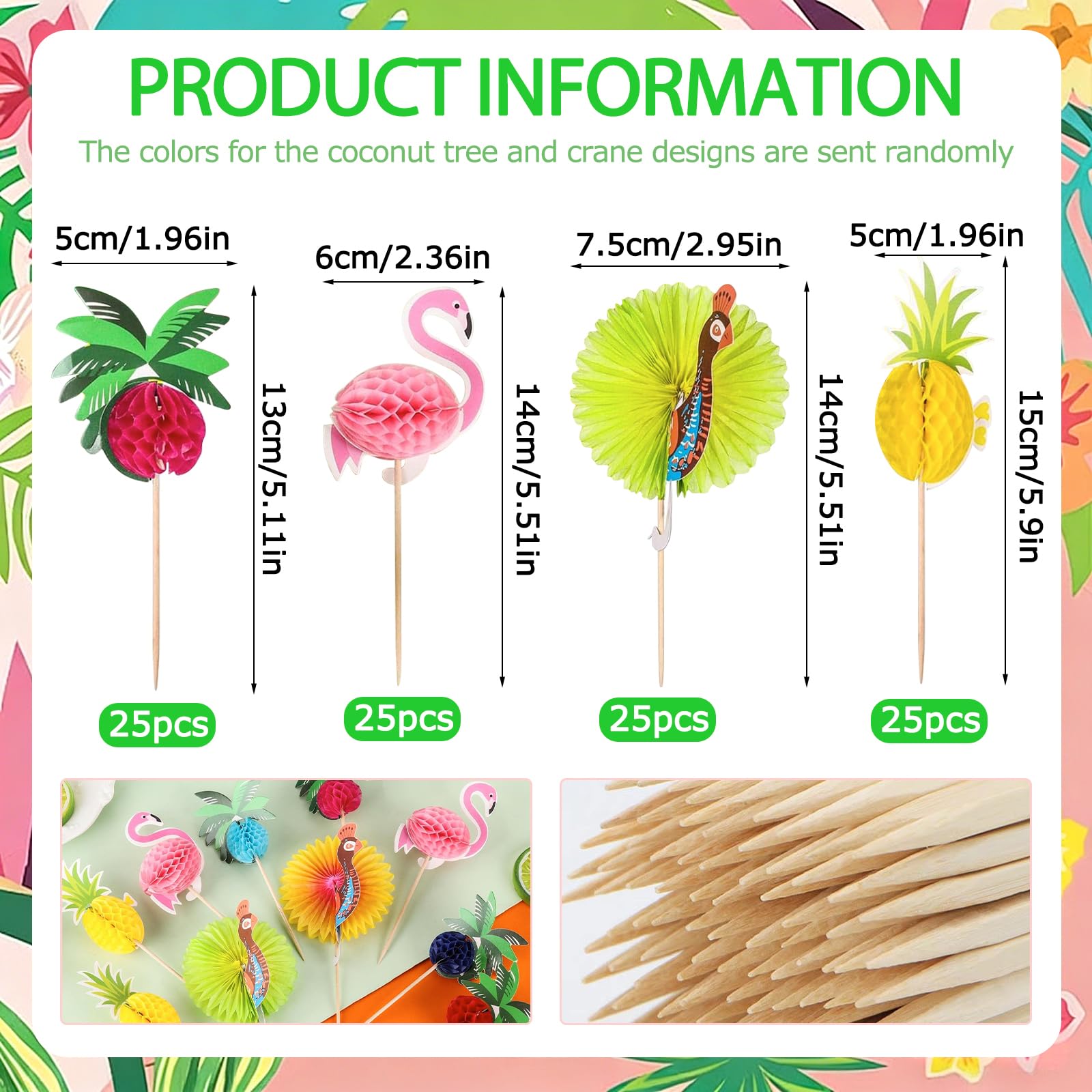 Decorazioni per Cocktail, 100 Pezzi Stuzzicadenti Decorativi, Stuzzicadenti Decorativi per Cocktail, Decorazione Torta Hawaiana, Cake Topper Tropicali, per Festa Spiaggia Hawaii