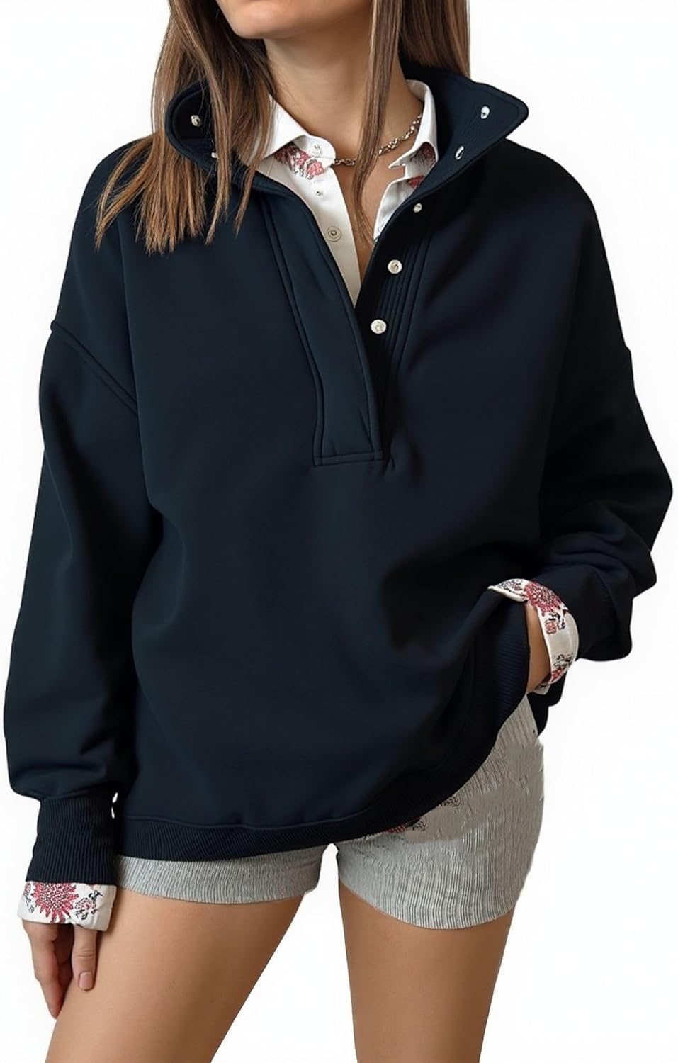 BLENCOT Sweatshirt for Women Quarter Button Long Sleeve Oversized Collared Pullover Winter Trendy Tops