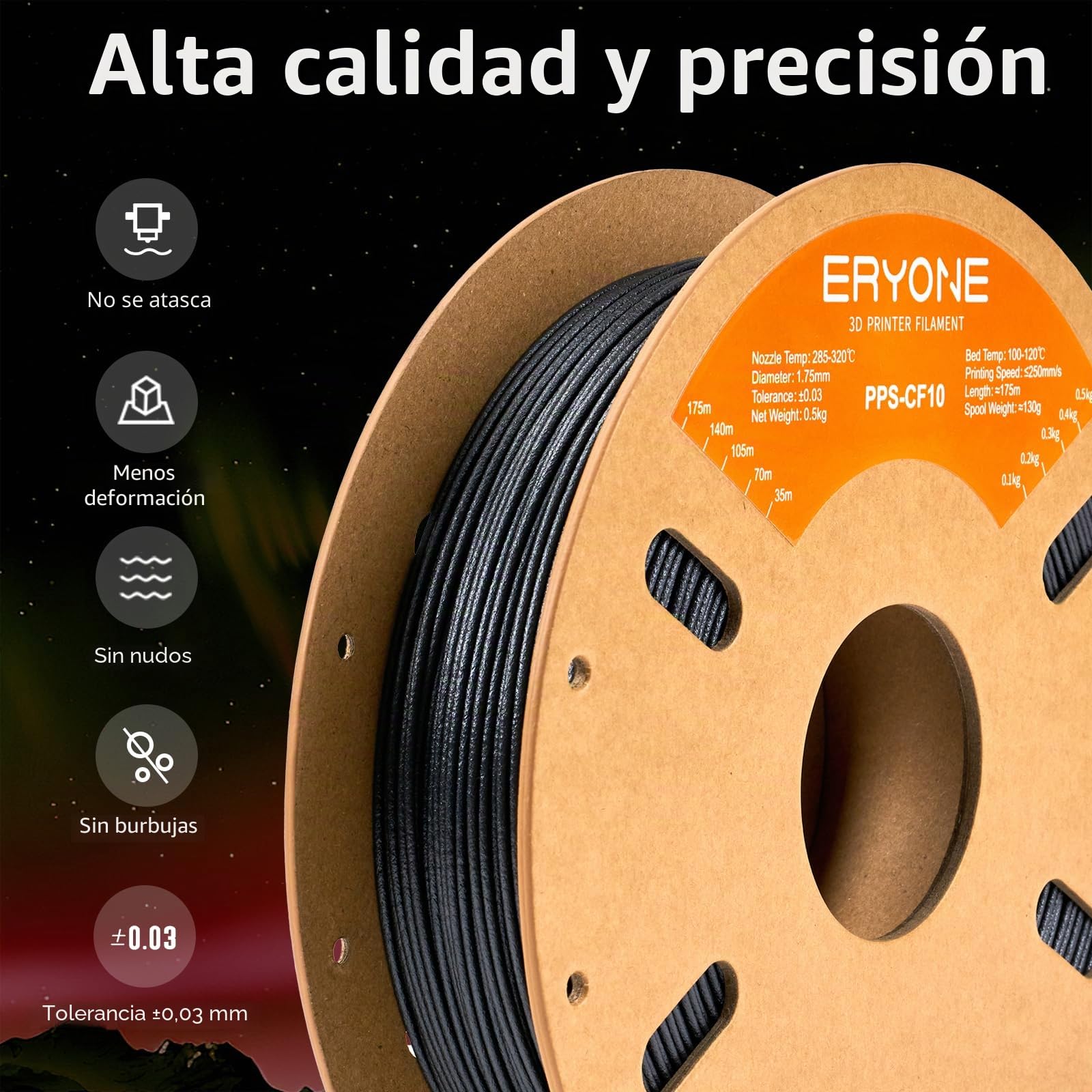 ERYONE Fiberon PPS-CF10 Filament 1.75mm 0.5kg, Extreme Heat Resistance - Fiberon Carbon Fiber Reinforced PPS 3D Printing Filament Ideal for Molding, Black