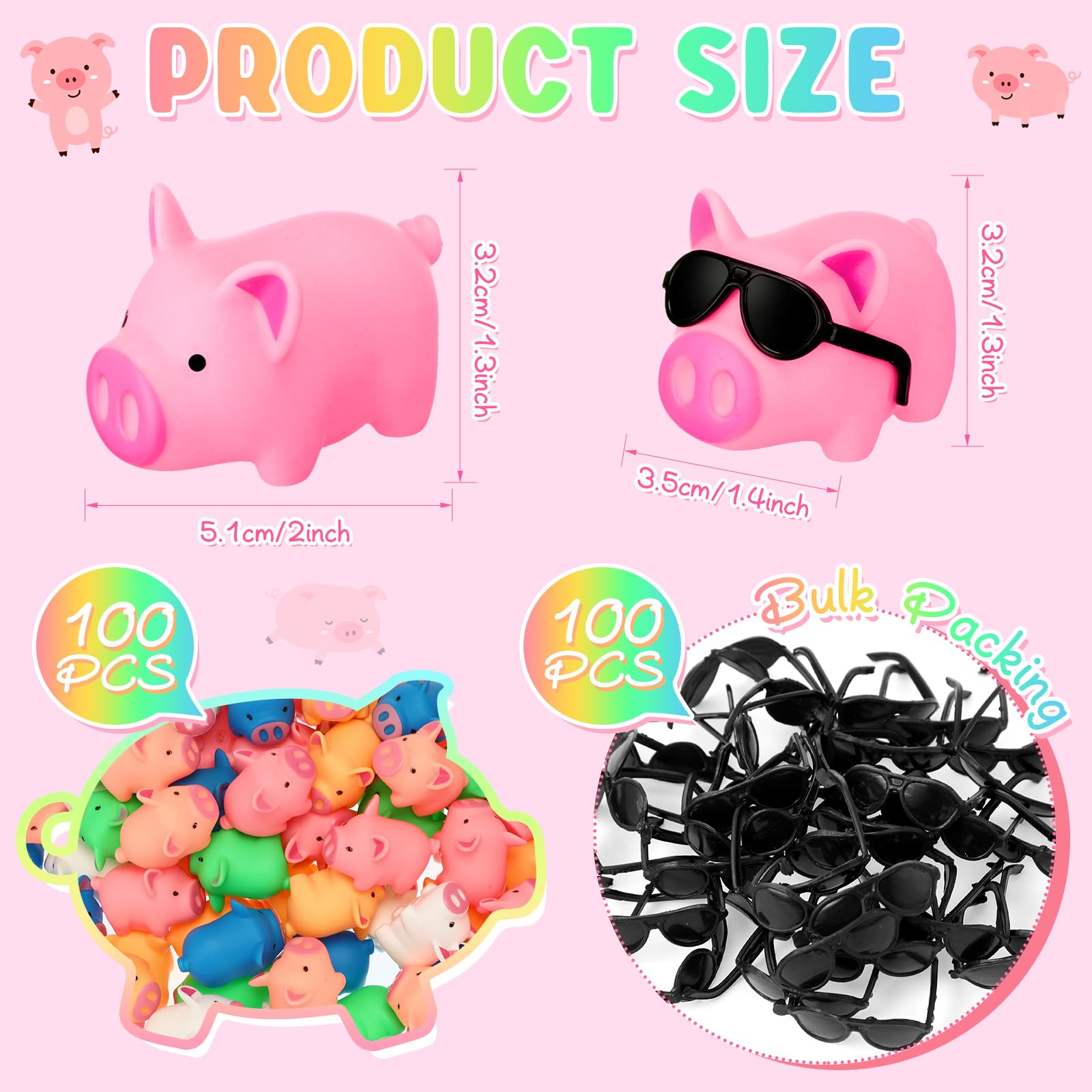 Liliful 100 Sets Mini Rubber Pig Bath Toy With Sunglasses Pink Float And Squeak Pig Bathtub Toys For Baby Shower Halloween Christmas Birthday Party Supplies