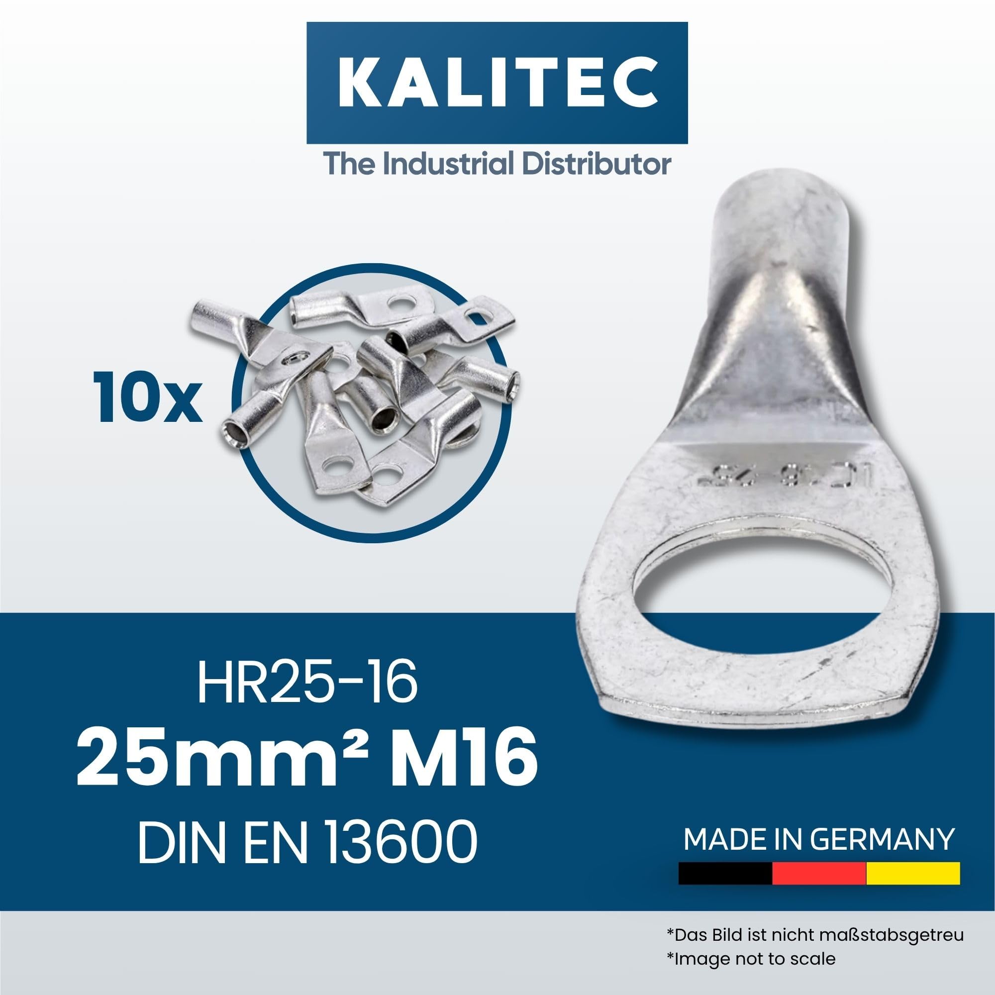 Kalitec 10x Cosse Tubulaire 25 mm² M16, Connecteur de Câble en Cuivre | Connecteurs à sertir étamés pour installation électrique, voiture et solaire. Borne de raccordement robuste sans trou.