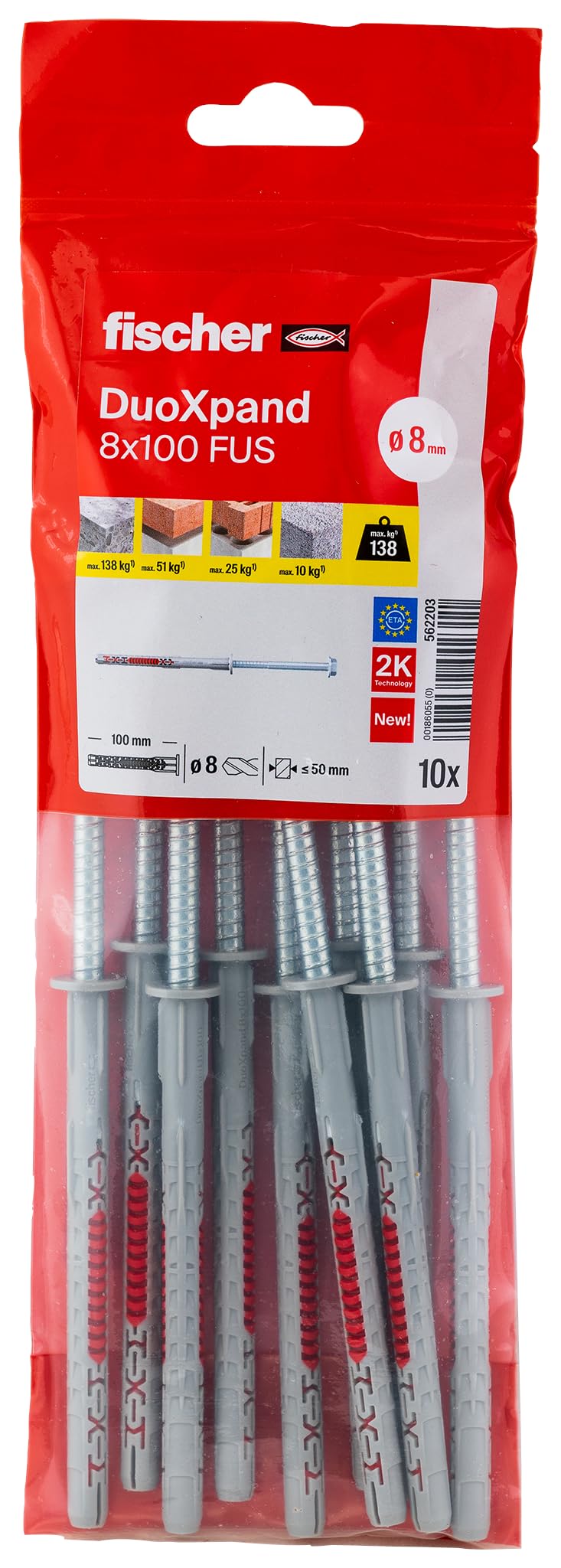 fischer DuoXpand 8 x 100 FUS, High-Quality Universal Dowel with Hex Screw & Moulded U Washer (Pack of 10), Dowels for Strong Hold, Ideal for Porous Building Materials & Close to Edge Anchors