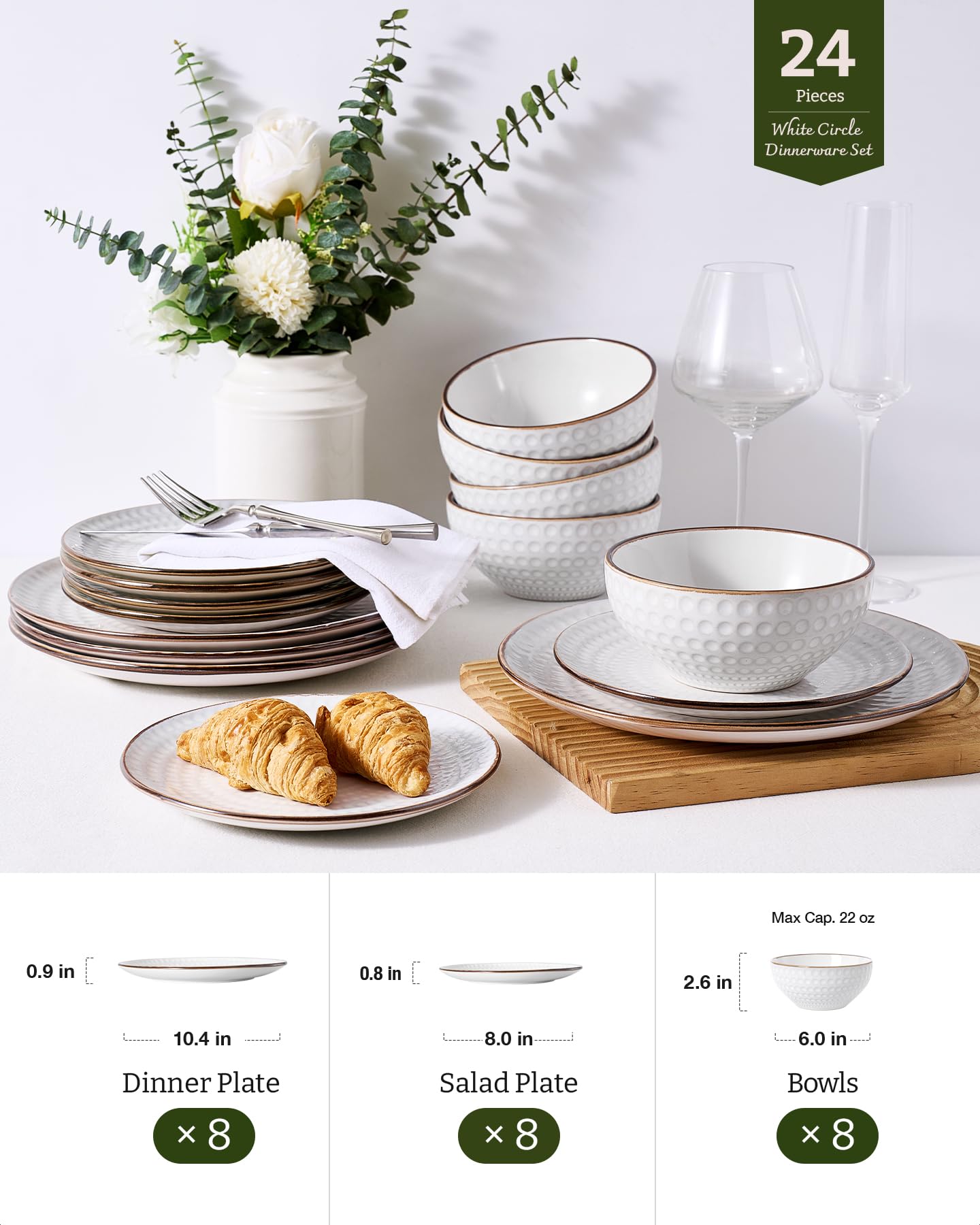 Famiware Eden - Juego de platos y cuencos en relieve, vajilla de cerámica con borde dorado, 24 piezas de lujo para 8, uso diario y formal, resistente a astillas/arañazos, apto para microondas y