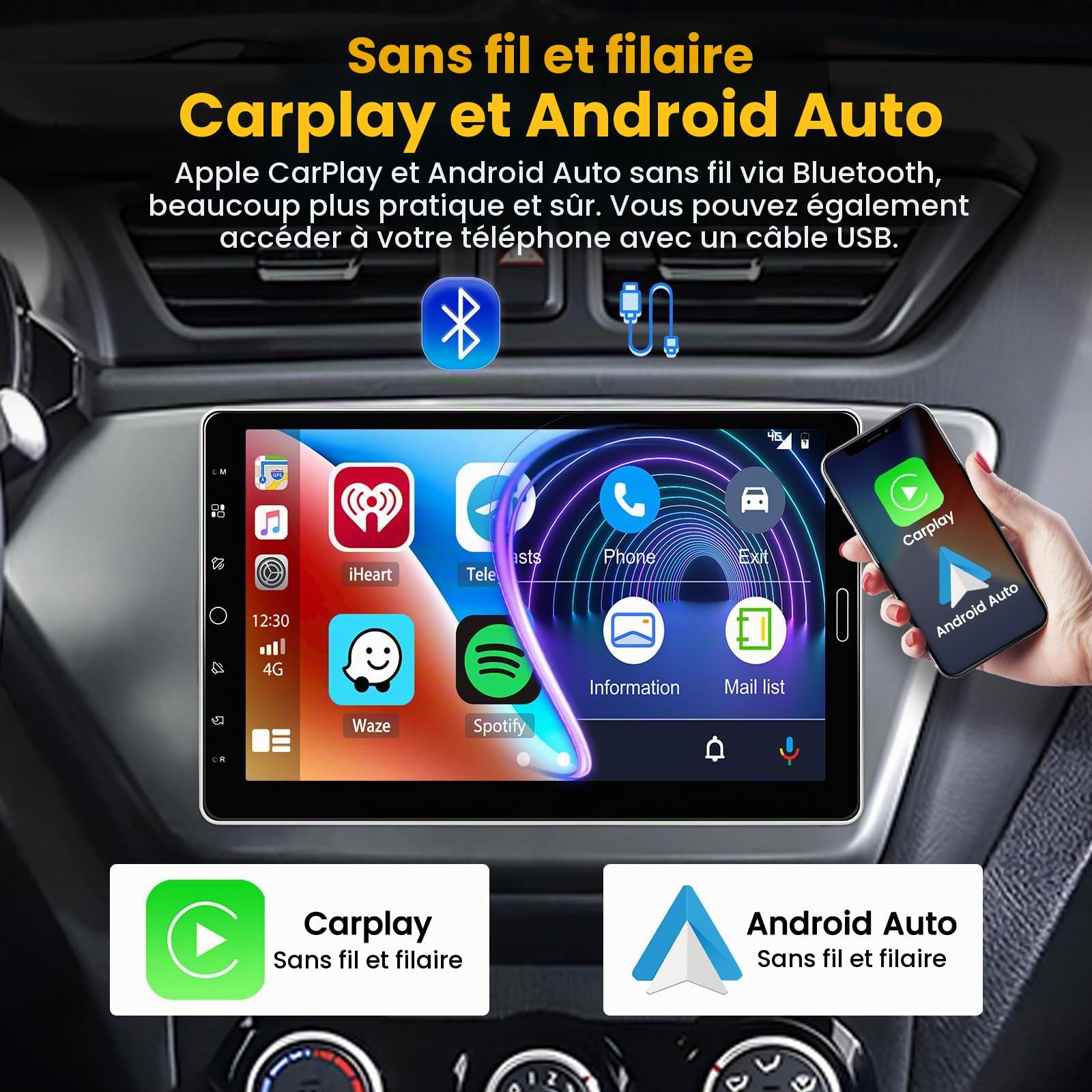 Hikity 1 Din Autoradio avec 10.1”IPS Rotatif Touchscreen Bluetooth 5.2 Wireless Carplay Andriod Auto FM AM RDS Radio avec USB AUX in TF Card EQ SWC Autoradio Caméra de Recul Mirror Link DVR(Support)