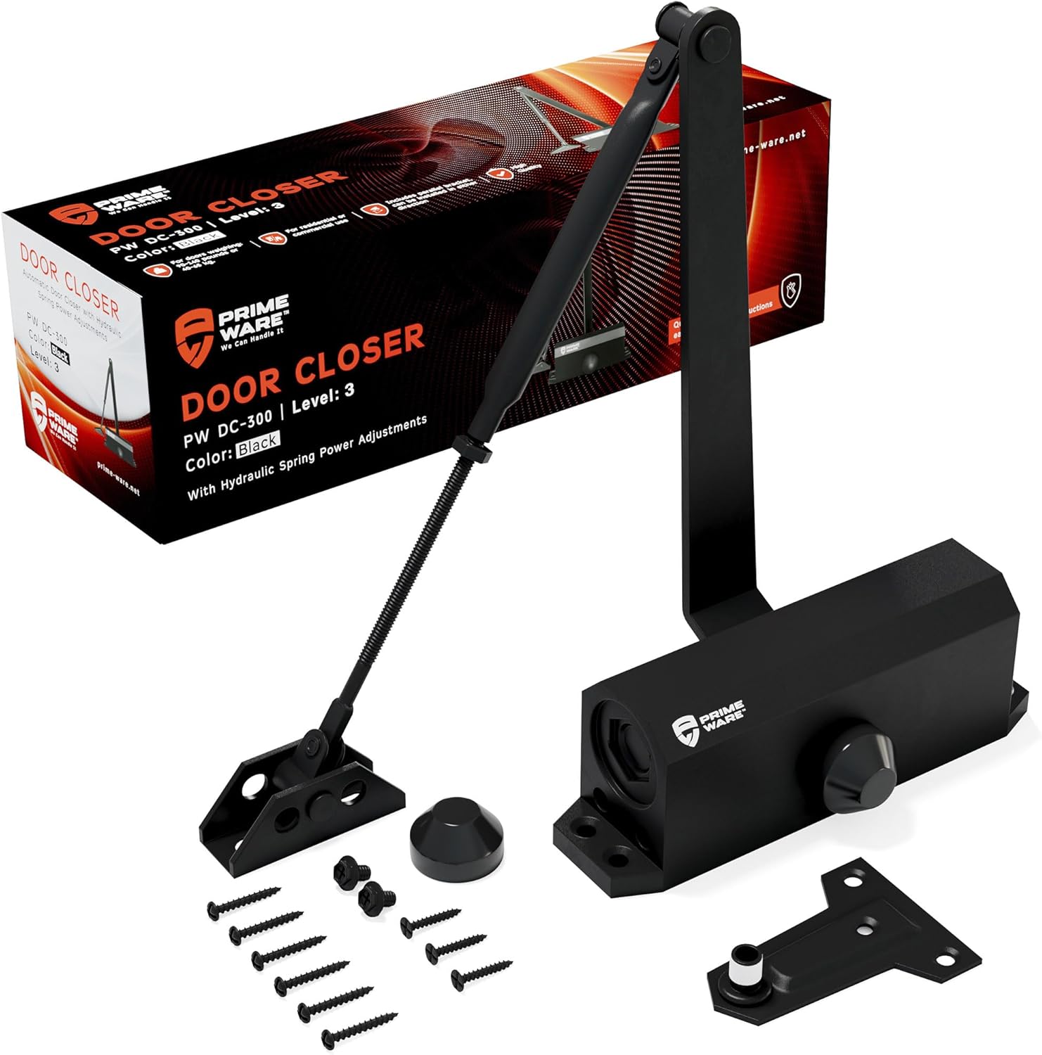 PrimeWare DC-300 Automatic Adjustable Door Closers for Home | Soft Close, No Slam | Residential and Commercial Door Closer | Level 3 | for Doors Weighing 90-140 lbs | Hydraulic Door Spring - Black