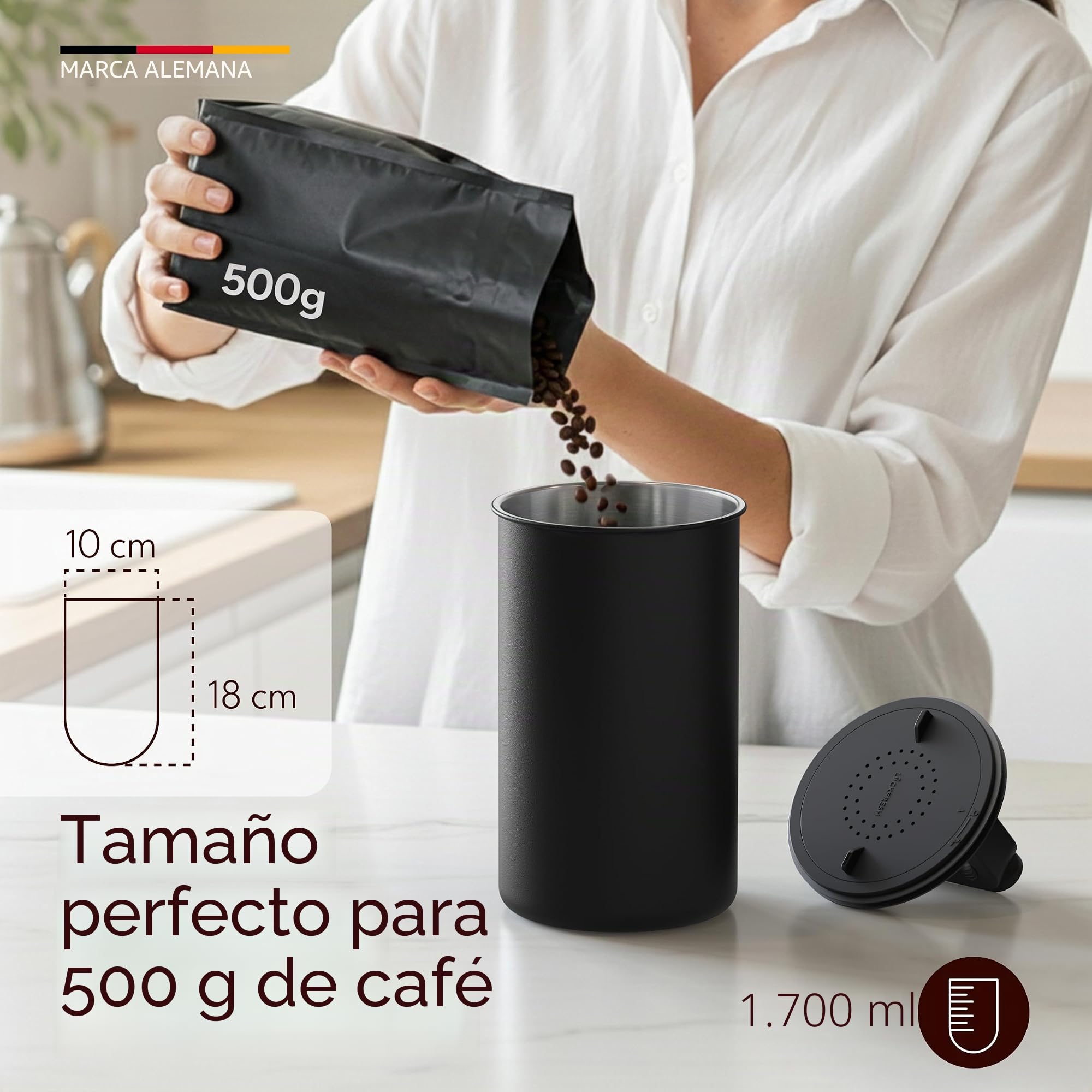 KC Kitchen & Co. Lata de café hermética para 500 gramos de granos de café, de acero inoxidable, con tapa al vacío y cierre de aroma, lata de almacenamiento para café, té, azúcar, cereales, color negro