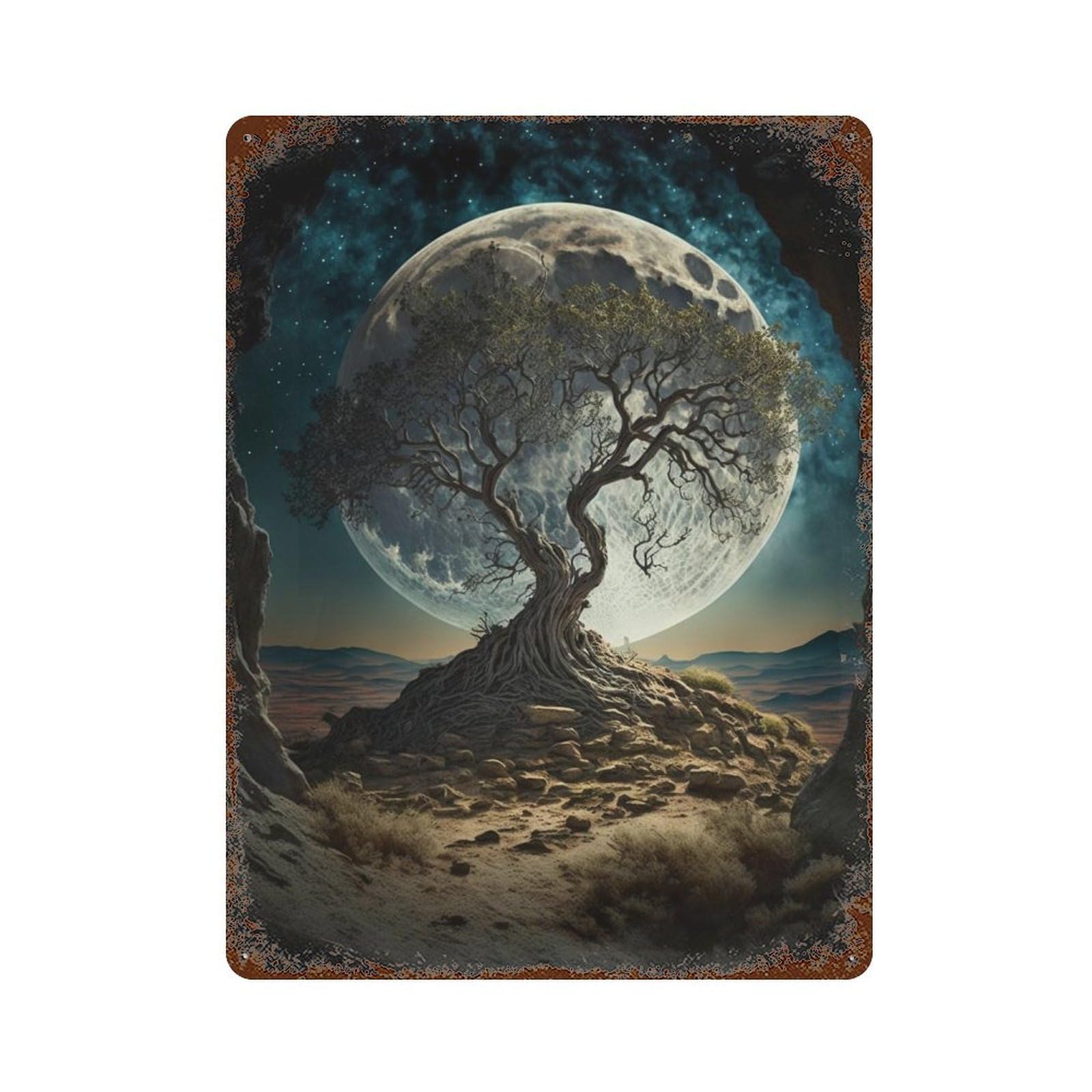 Enchanted Desert Moonlit Scene Rusty Metal Tin Sign 15.7"x11.8", Ideal for Shed, Workshop And Garage Wall Decor