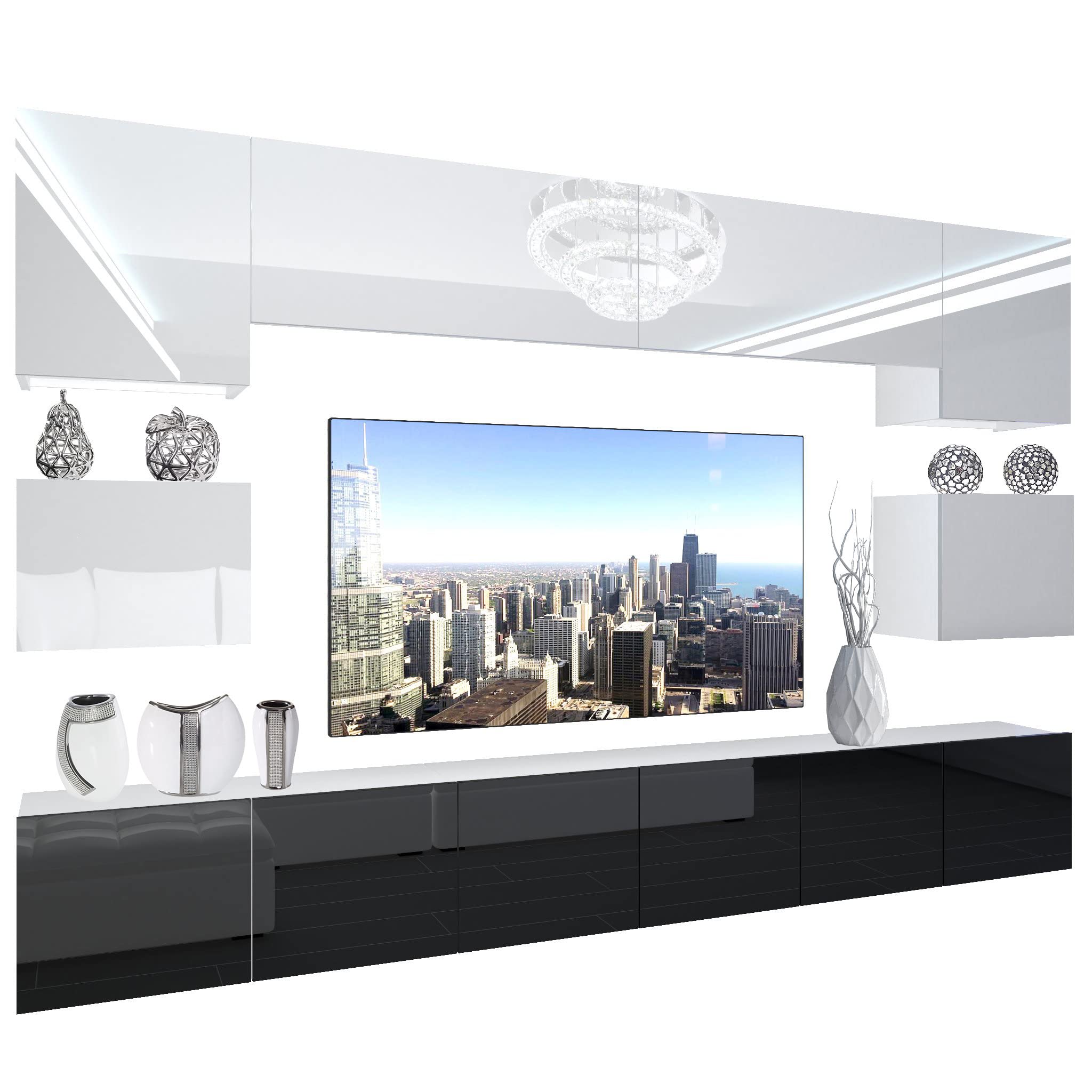 BELINI - Set completo da parete per soggiorno, moderna parete con illuminazione a LED, colore: Bianco/Nero