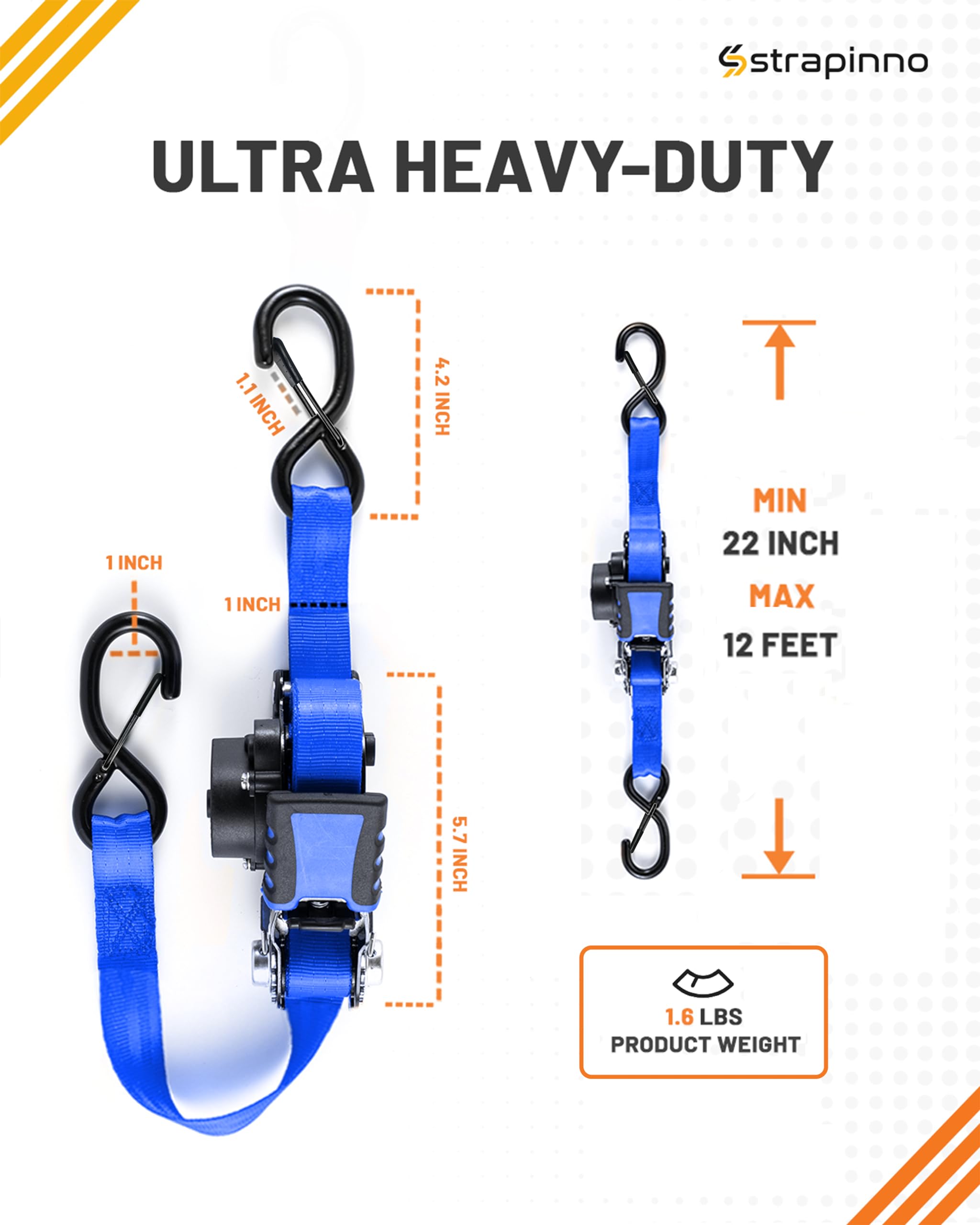 Strapinno Einziehbare Ratschengurte – 2,5 cm x 3,6 m, robuste Spanngurte, je 816,5 kg Bruchfestigkeit, S-Haken mit Sicherheitsclip, AutoRetract, für Umzug, Motorrad, Boot, Kajak und Fracht (2 Stück)