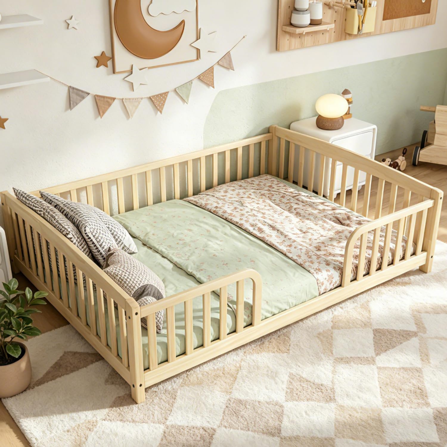 Bellemave Montessori Floor Bed Full with Central Entrance and Full Surrounding Guardrails, Low Pine Wood Full Size Floor Bed Frame for Kids, Girls, Boys, No Box Spring Needed, No Slats, Natural