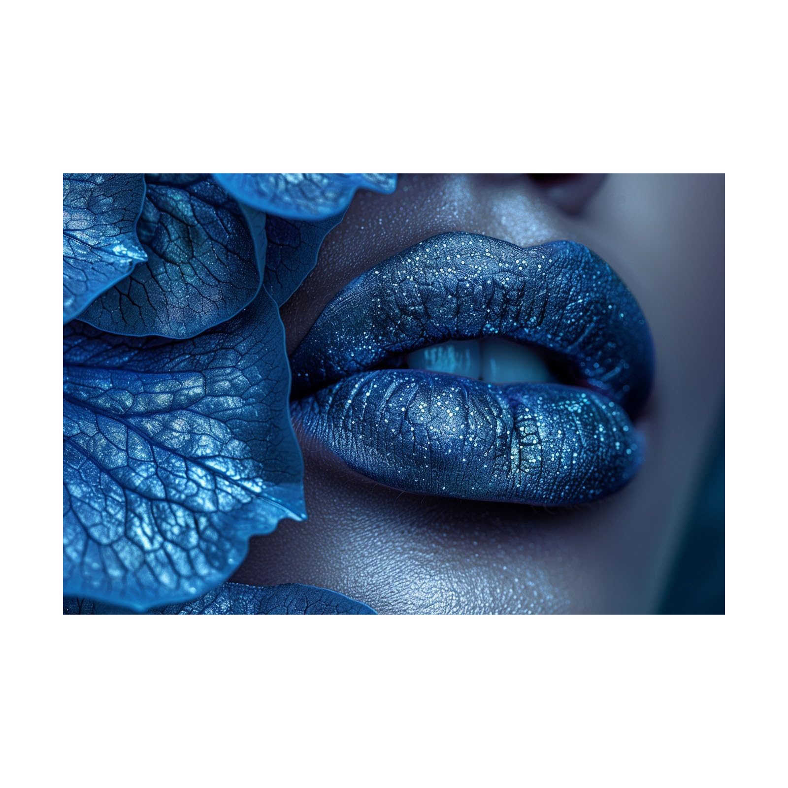 TERUEA Abstract Girl Painting Prints Woman Canvas Pictures Close Up Of Blue Glitter Lips With Leaves Retro Painting Bathroom Wall Decor,(Blue)-70x100cm Unframed