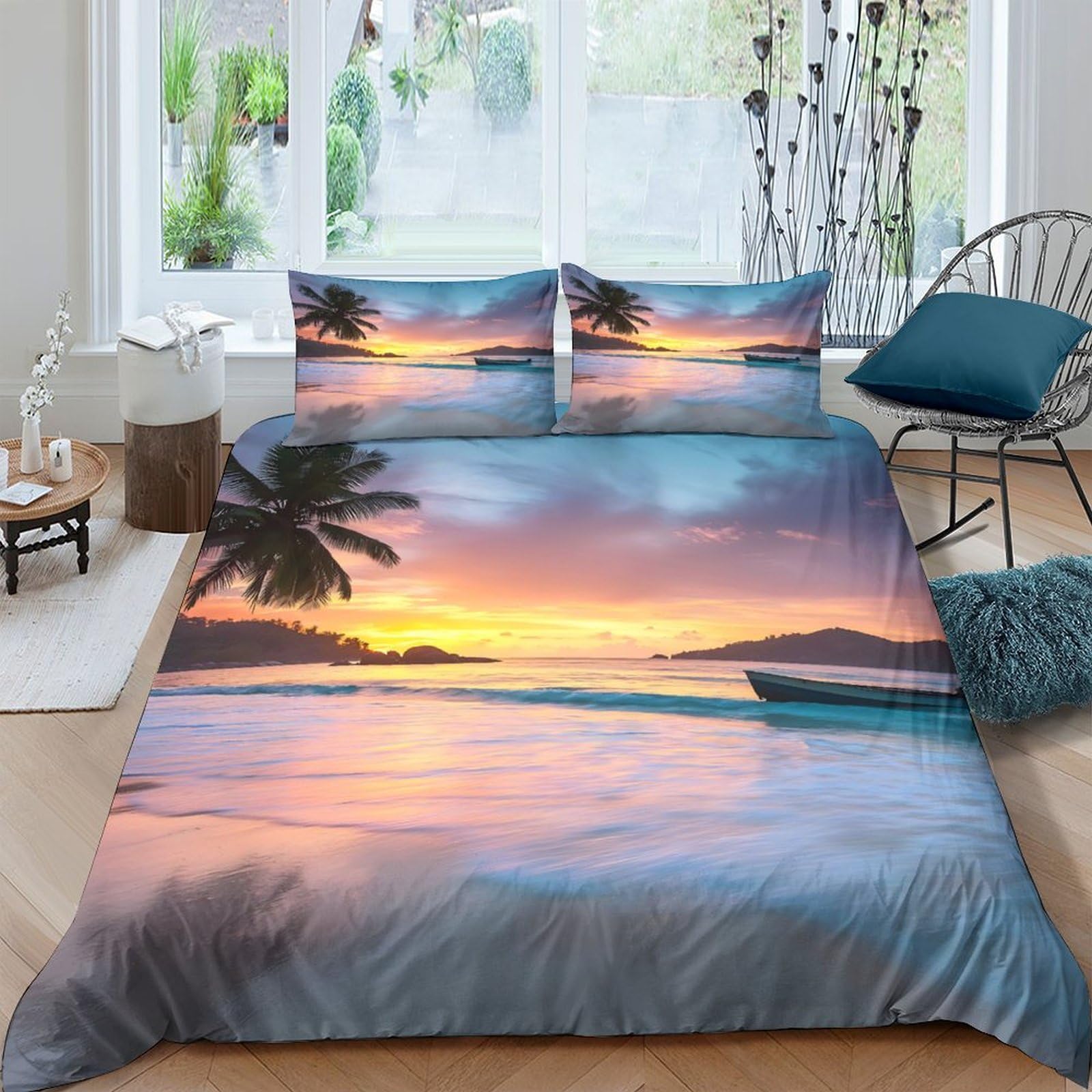 UNRXJZLVM Sunset Beach 3D Duvet Set Microfiber Teens Bedroom Decor