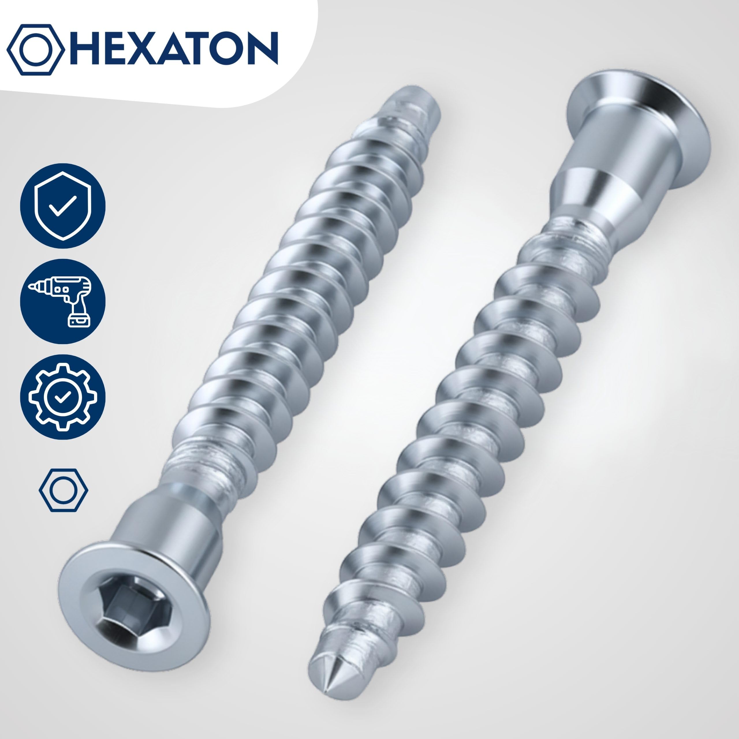 HEXATON Konfirmaty z Łbem Stożkowym Wgłębieniem Imbusowym 6,4 x 50 mm - 100 Sztuk - Ocynk Biały - Gwint na Całości