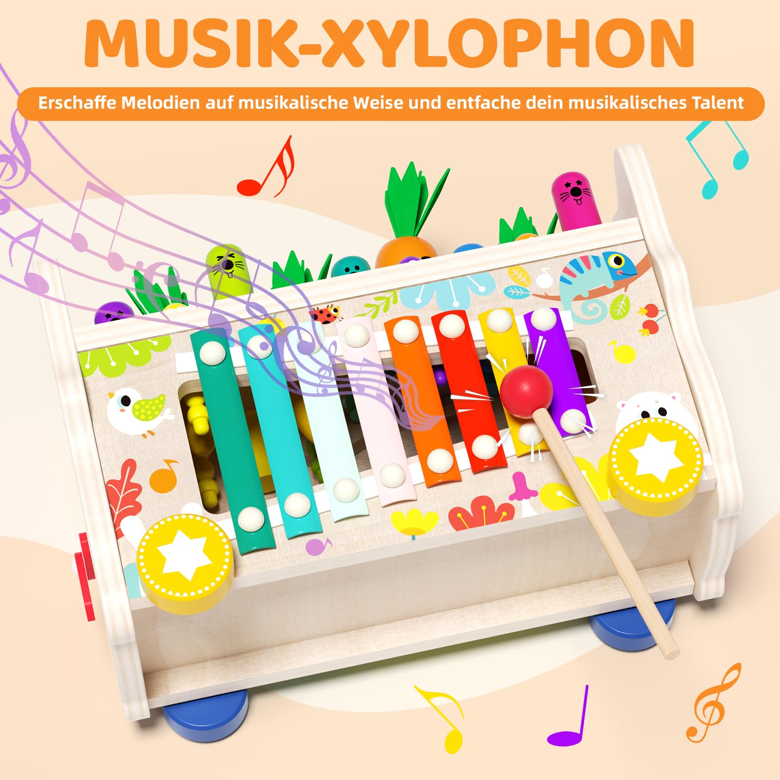 8-in-1 Montessori-Holzspielzeug für Kleinkinder von 1 bis 3 Jahren, Xylophon-Spiel Hau den Maulwurf, Vorschulisches Lernspielzeug für Jungen und Mädchen