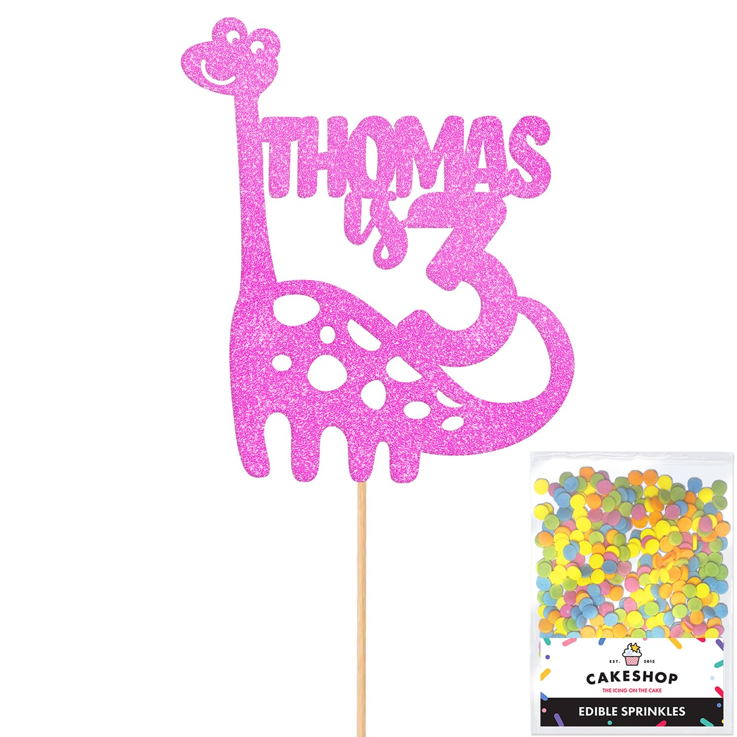 Personalised Birthday Dinosaur Glitter Cake Topper- Light Pink Any Name & Age Glitter Cake Decoration and Sprinkles - Happy Birthday Decorations - Personalised Toppers for Cakes by Cakeshop — image 1