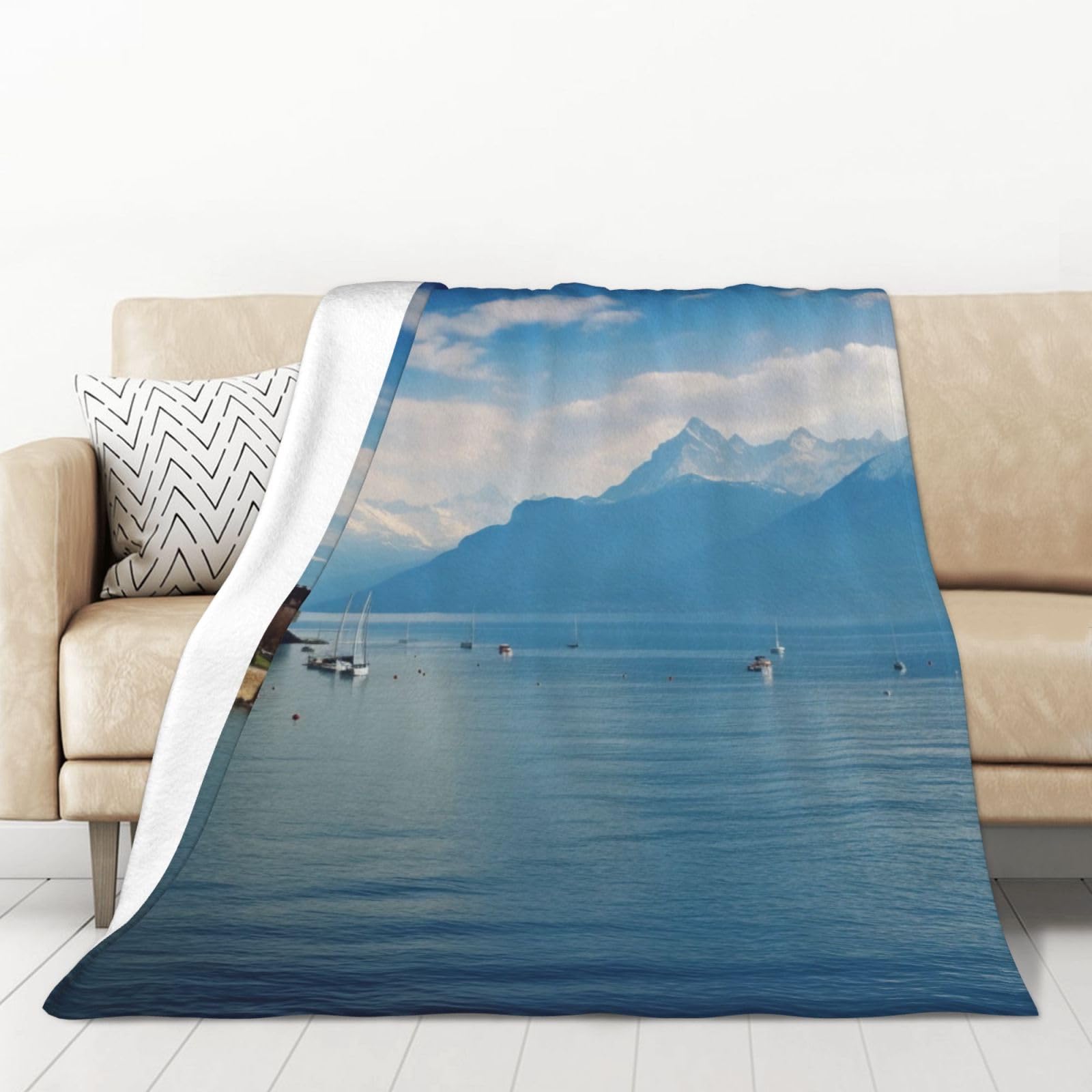 Couverture douce lac Léman en flanelle chaude pour soirées cocooning