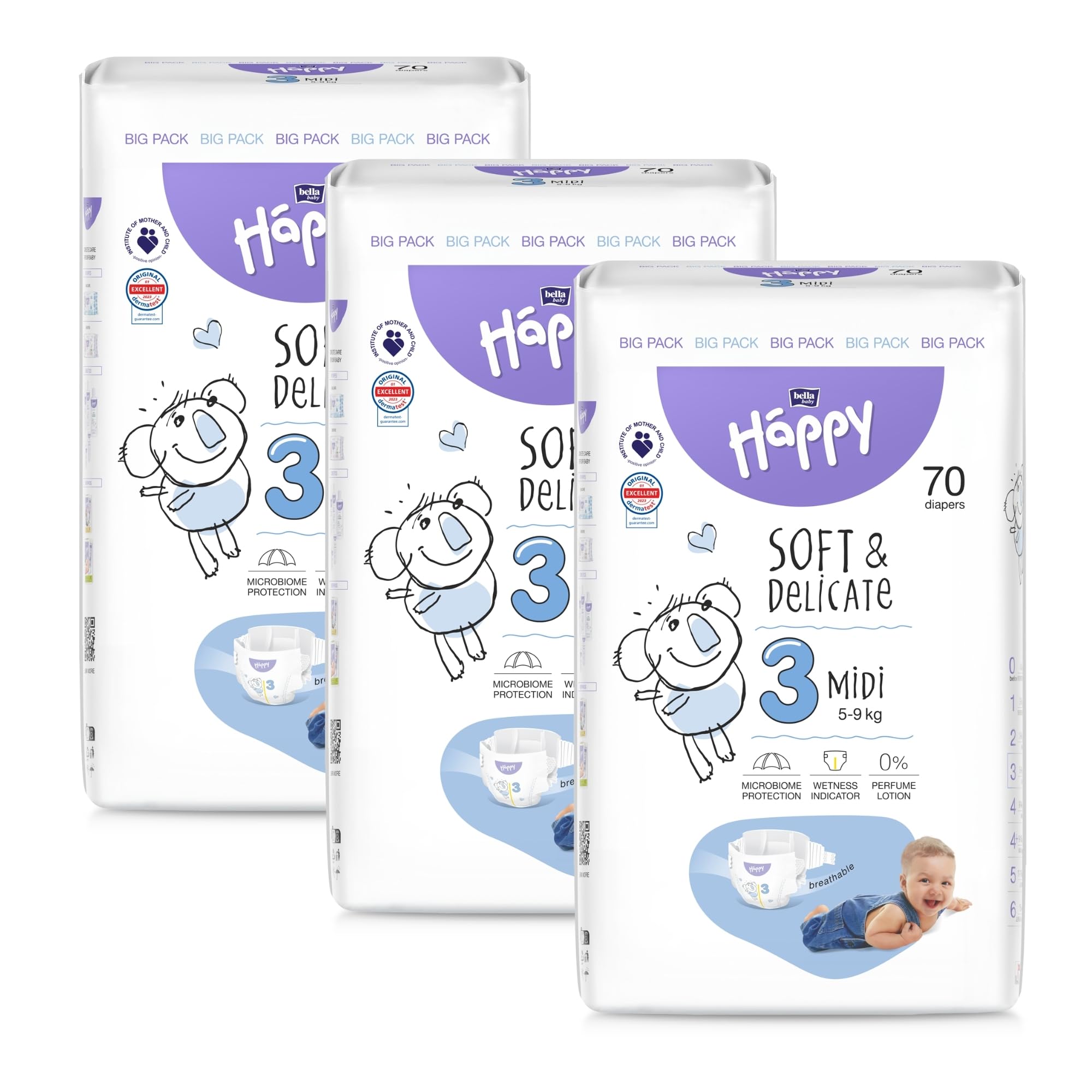 bella baby Happy Windeln Gr.3 Midi (5-9 kg), 210 Stück (3x70) – soft & delicate Babywindeln im BIG PACK