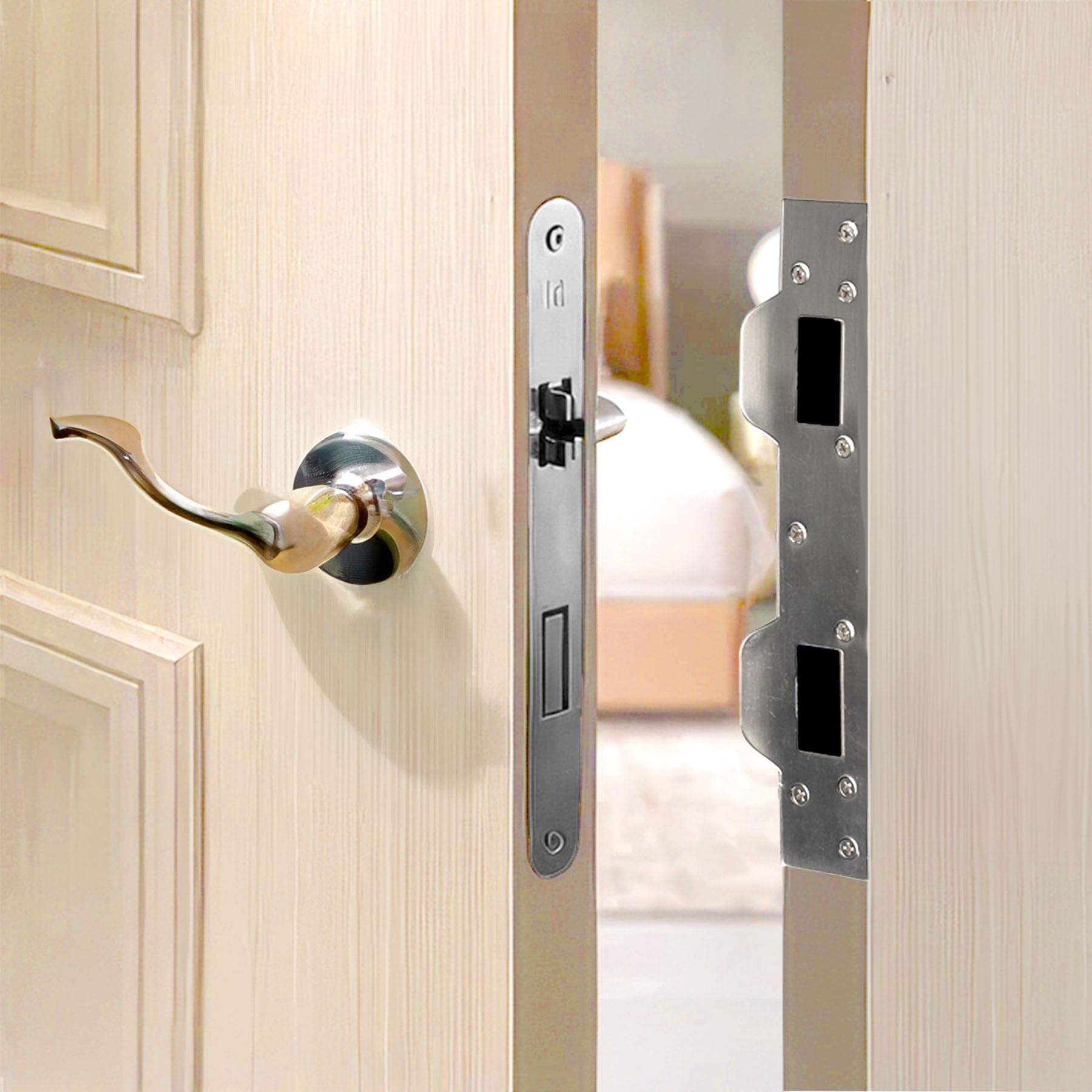 Lot de 2 plaques de renfort pour porte d'entrée - Double gâche pour centres de trous de 14 cm - Très résistante - Dispositifs de sécurité de porte d'entrée - Nickel satiné