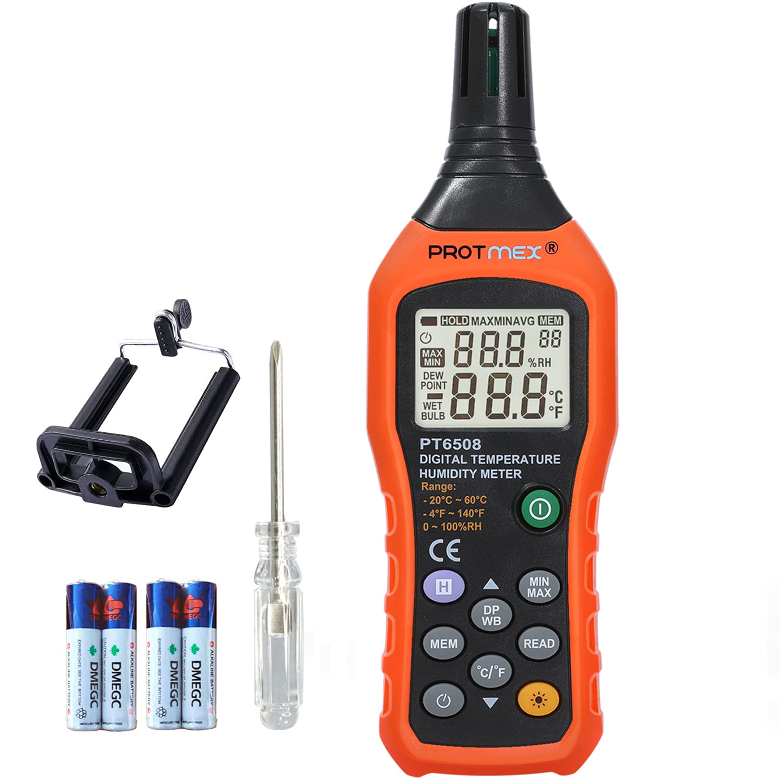 Digital Temperature Humidity Meter, Thermometer Hygrometer with Ambient Dew Point and Wet Bulb Temperature Indoor and Outdoor, Data Logger with Min/Max Hold, LCD Backlight, PT6508