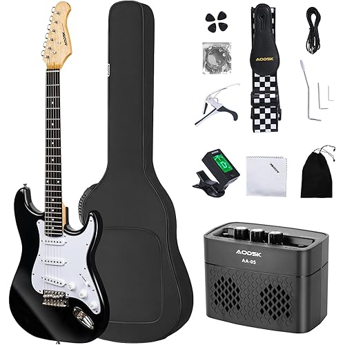 AODSK Electric Guitar with Amp Beginner Kit 39 Inch Solid Body Full Size,All Accessories,Digital Tuner,Six Strings,Four Picks,Tremolo Bar,Strap,Gig Bag,Starter kit (Black-SSS)