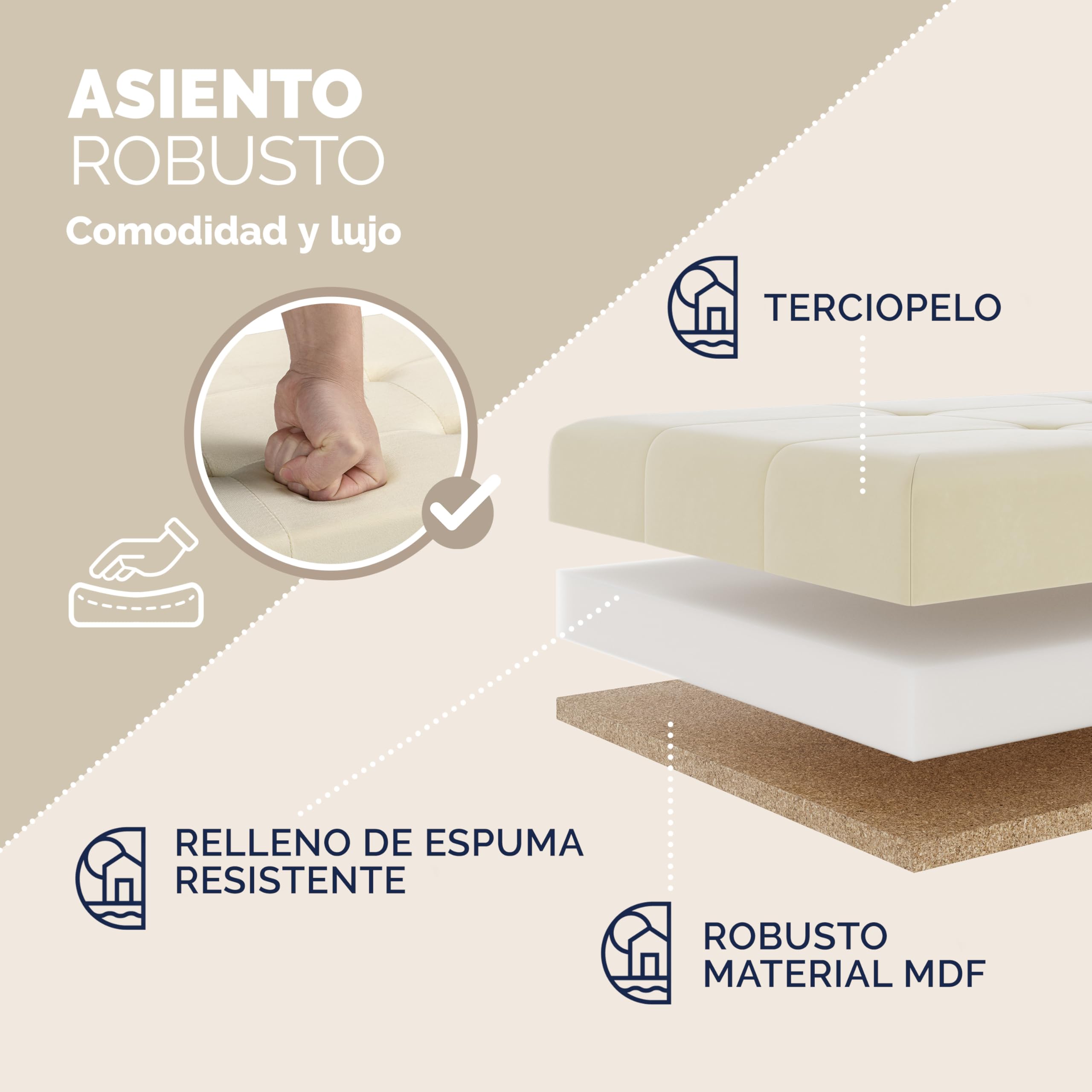 CASARIA® Banco Almacenaje Terciopelo Puff Plegable Capacidad Carga hasta 300kg Resistente 38x76x42cm Patas Madera Reposapies Salon Dormitorio Otomana Beige