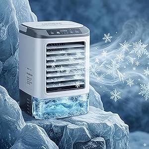 Climatiseur Portable 2026 – Mini Rafraîchisseur d’Air & Humidificateur 4 Vitesses avec Bac à Glaçons, Réservoir 900 ml, 2 …