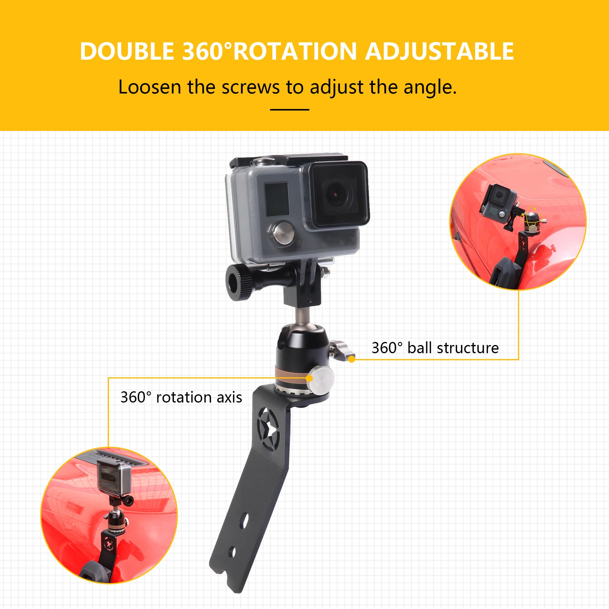 Soporte de montaje para cámara de acción GoPro para Jeep Wrangler JL 2/4 puertas 4XE Gladiator JT 2018-2025, accesorios para capó, soporte de montaje de pestillo ajustable de 360°, aluminio