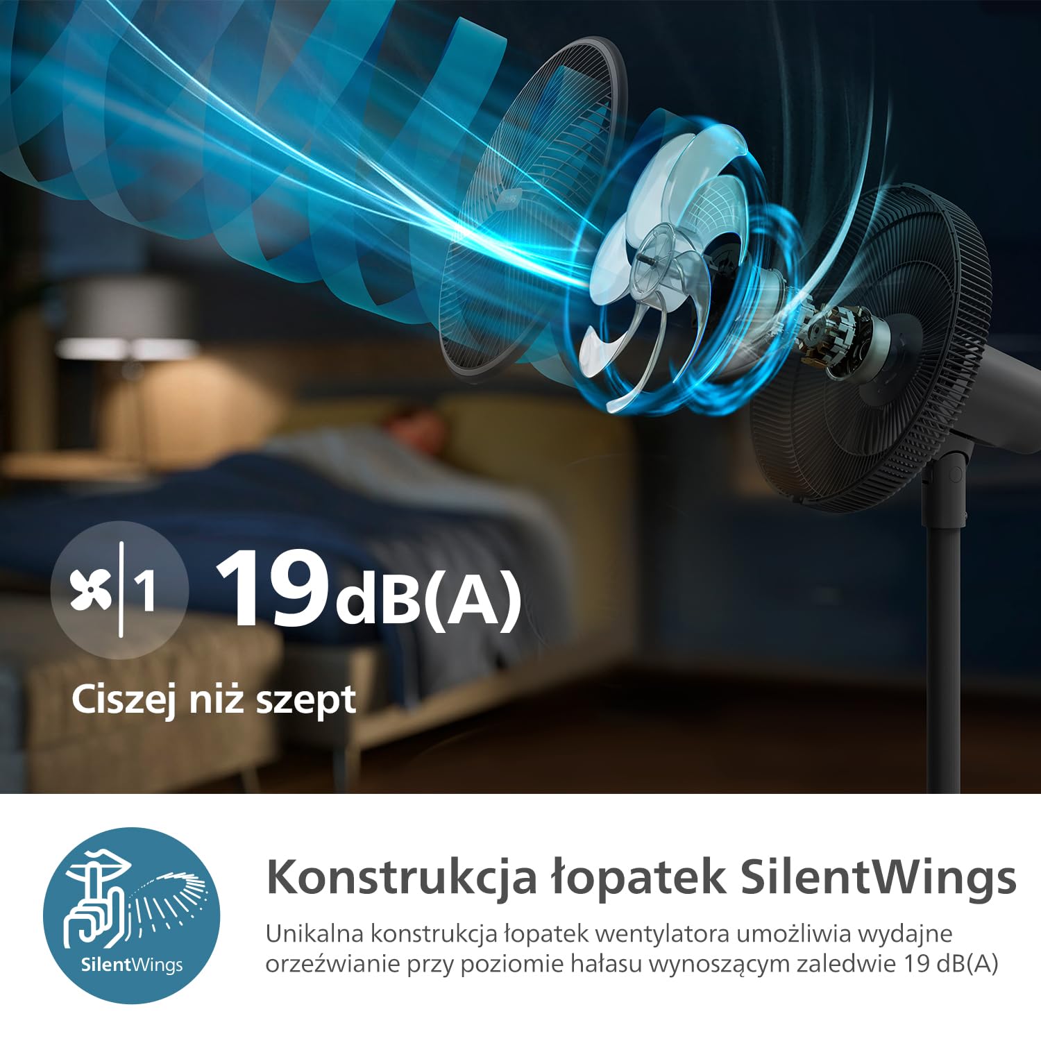 Inteligentny Wentylator Philips Seria 3000. Wydajny i Cichy Z Technologią SilentWings. 19 dB. Regulowana wysokość: wentylator Stołowy i Stojący 2w1. Odchylany i Obrotowy. Aplikacja. Czarny (CX3550/01)
