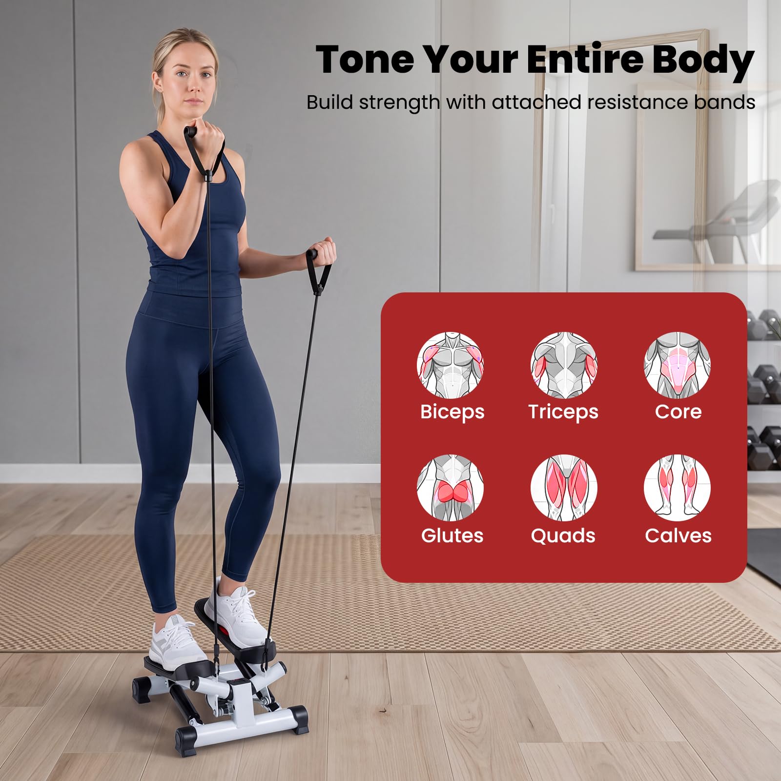 COSTWAY Mini stepper z linami Power Ropes, Swing Stepper obciążenie 150 kg | Stepper 2 w 1 z regulowanym oporem i wyświetlaczem LCD, ciche urządzenie fitness do domu i biura