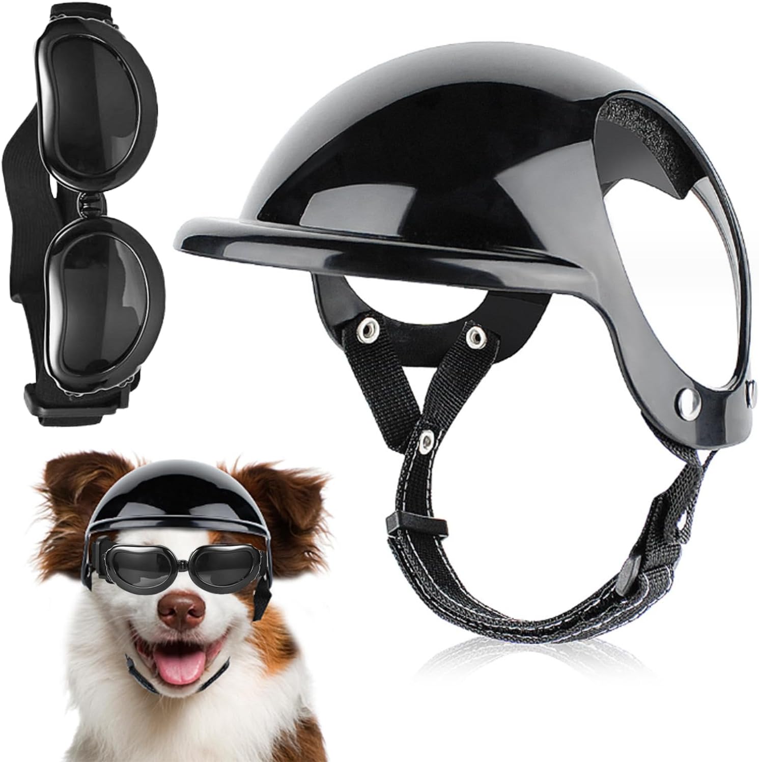 Dog Helmet and Goggles 2Pcs/Set Adjustable Chin Strap Dome Dog Helmet with Ear Hole Windproof Stylish Decorative Goggles Pet Supplies ...