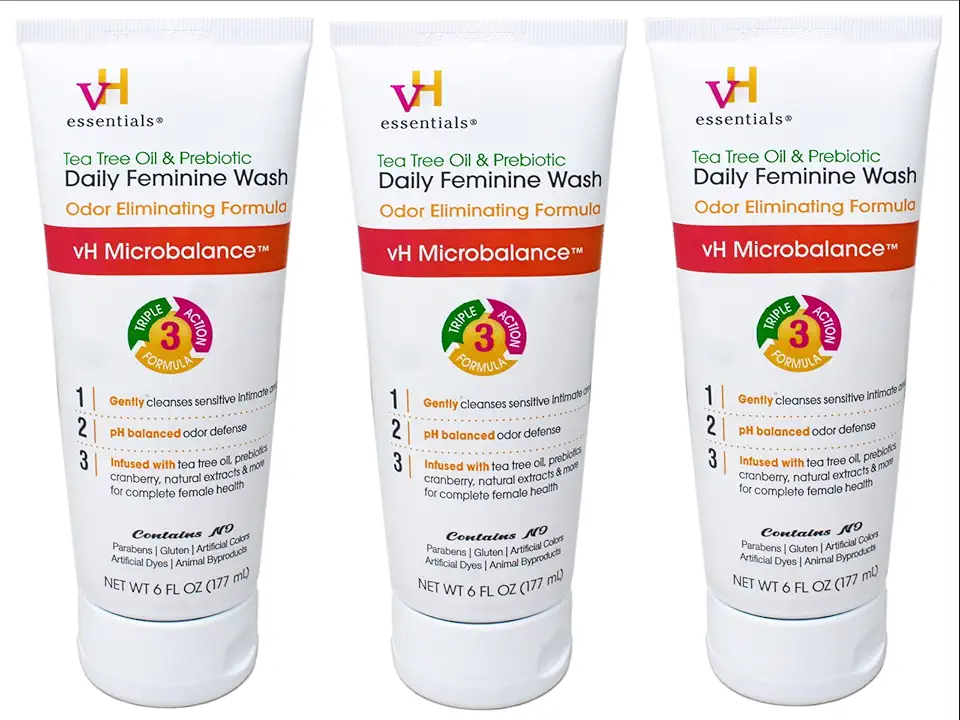 vH essentials Intimate Feminine Wash, pH Balanced with Tea Tree Oil, Cranberry, Prebiotics Odor Eliminating Formula, 6 FL OZ - 3 Pack