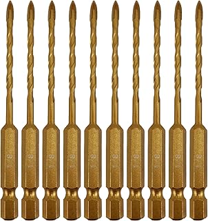 1/8 Inch Masonry Drill Bits 10pc Pack, 4 Edges YG6X Carbide Tipped Cross Spear Head, 1/4 Hex Shank, Titanium Coated Surface, Multi-Purpose for Glass Tile Concrete Wood Ceramic Brick Marble