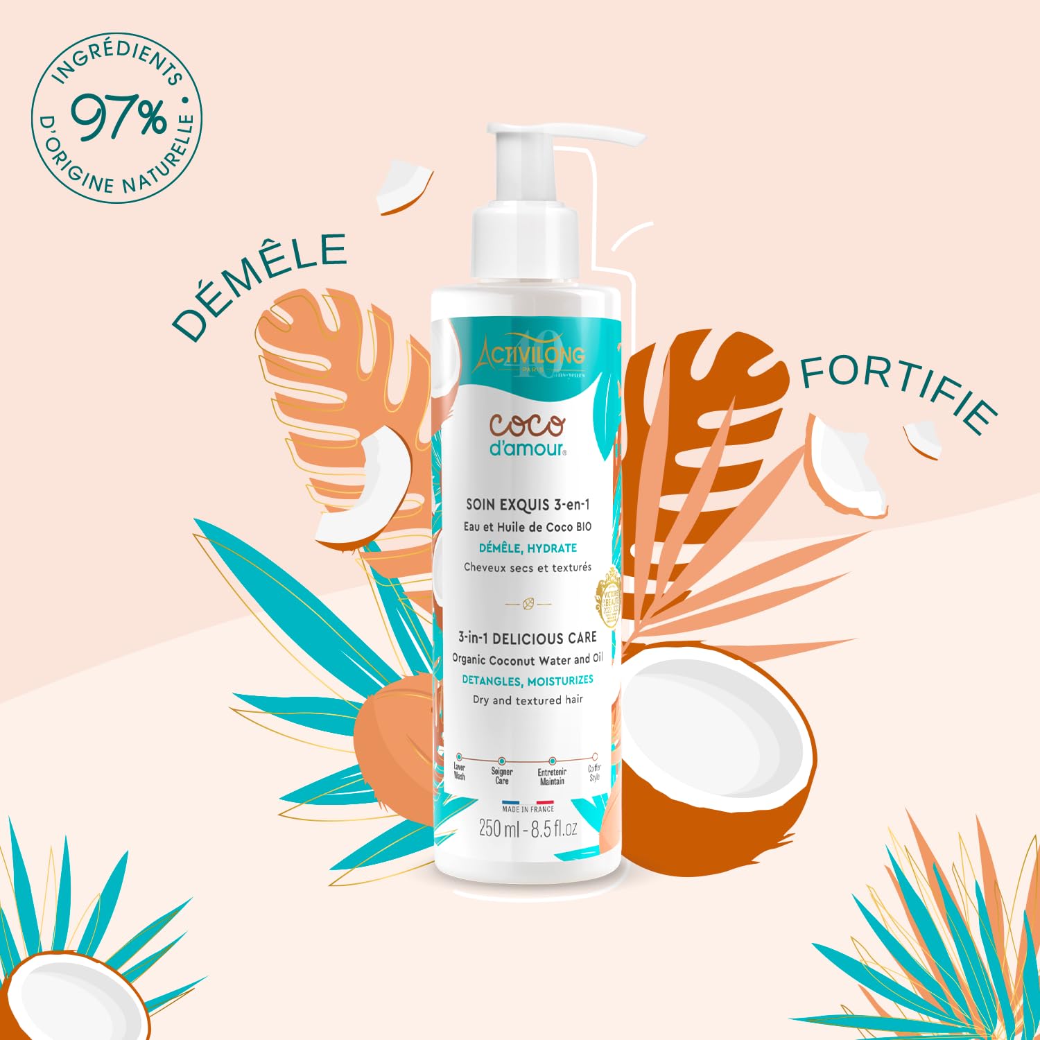 ACTIVILONG - Soin Exquis 3-En-1 Coco D'Amour - Cheveux Secs Et Texturés - Démêle Et Nourrit - 97% D'Ingrédients Naturels - Testé Et Approuvé Par Un Jury De Consommateurs - Made in France - 250ml