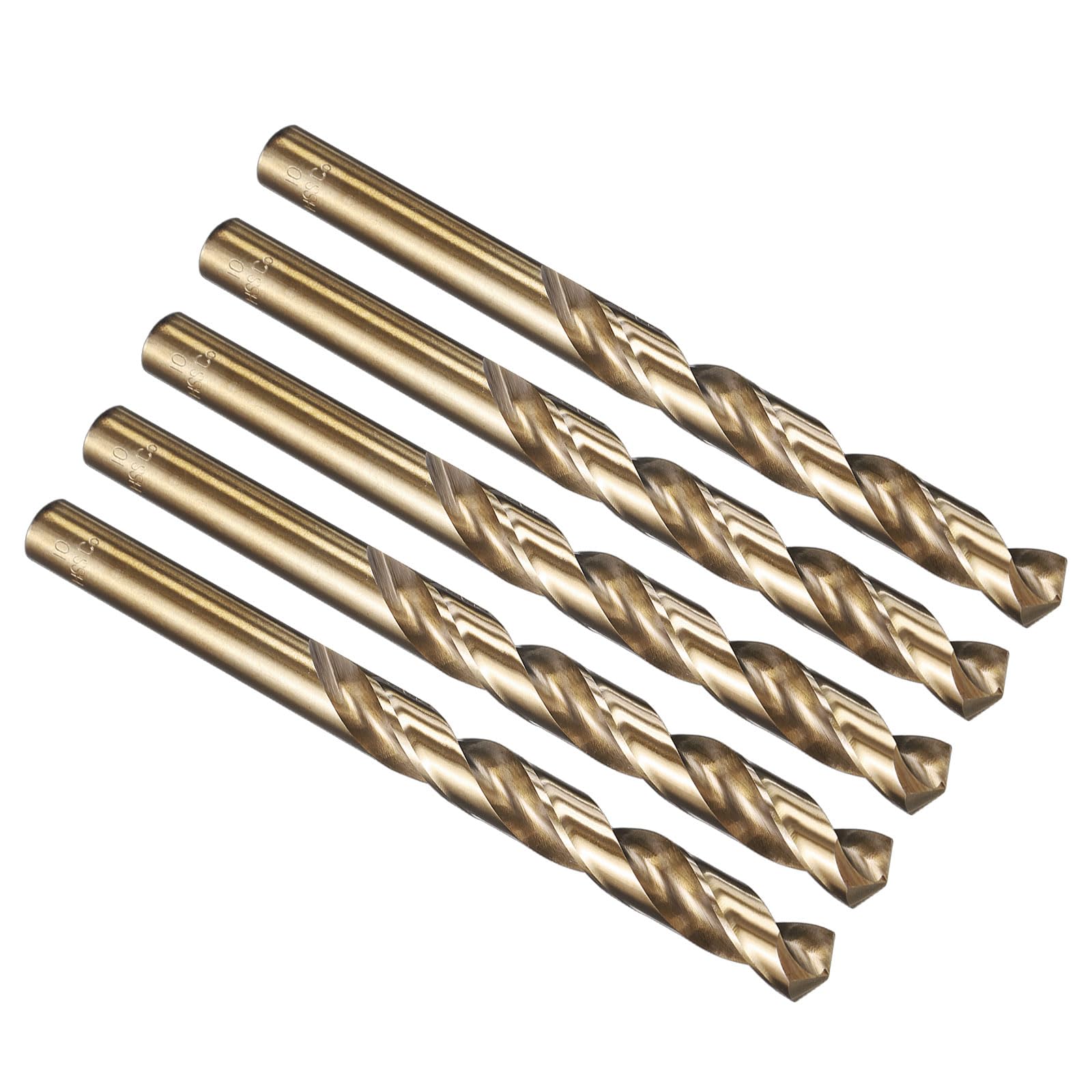 PATIKIL 10mm Drill Bit, M35 Cobalt 5% High-Speed Steel Jobber Straight Shank 135° Gold Finish for Stainless Steel Hard Metal - 5 Pack