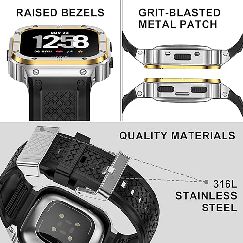 Miniatura 5 de MioHHR Funda y correa de acero inoxidable compatible con Fitbit Versa 432LiteSenseSense 2 bandas con funda de metal, funda protectora deportiva