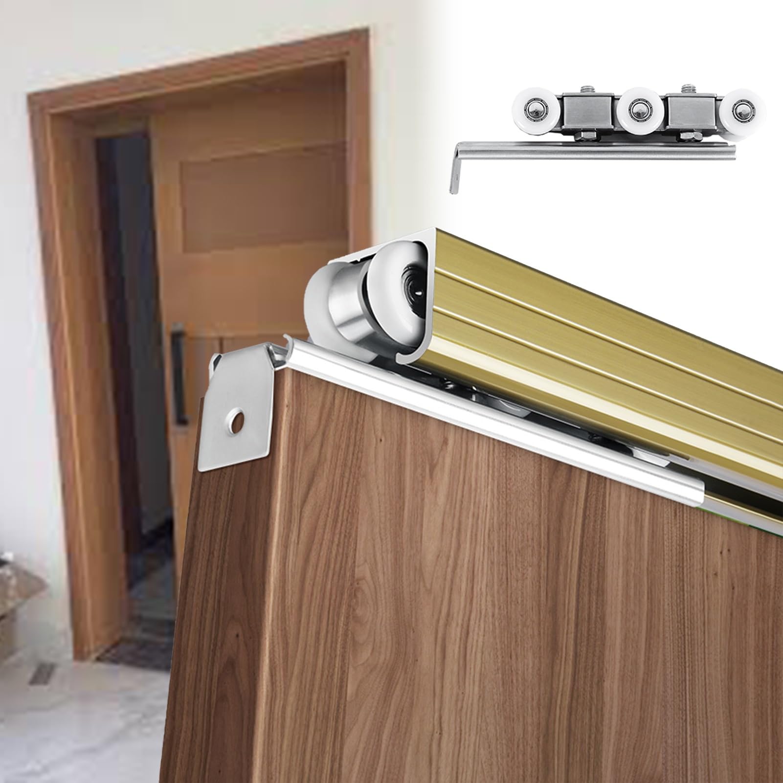 Okucia do drzwi przesuwnych, zestaw okuć do drzwi kieszonkowych montowany na górze, aluminiowy prowadnica do drzwi przesuwnych 1 m z rolkami i akcesoriami, szampańskie wykończenie do użytku
