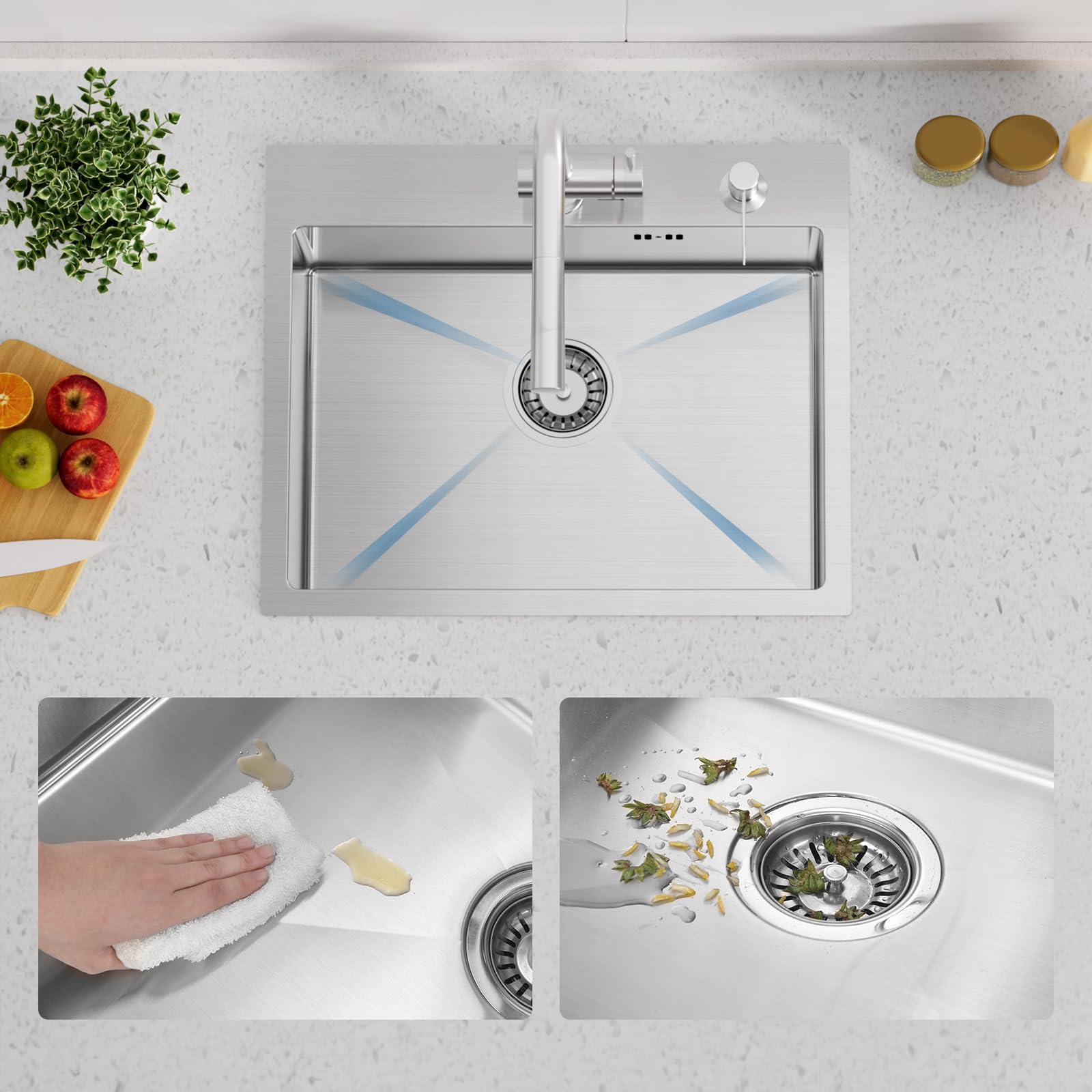 Auralum Fregadero de acero inoxidable 55 x 45 cm + grifo de cocina flexible, incluye dispensador de jabón y sifón, fregadero con grifo, set de cocina