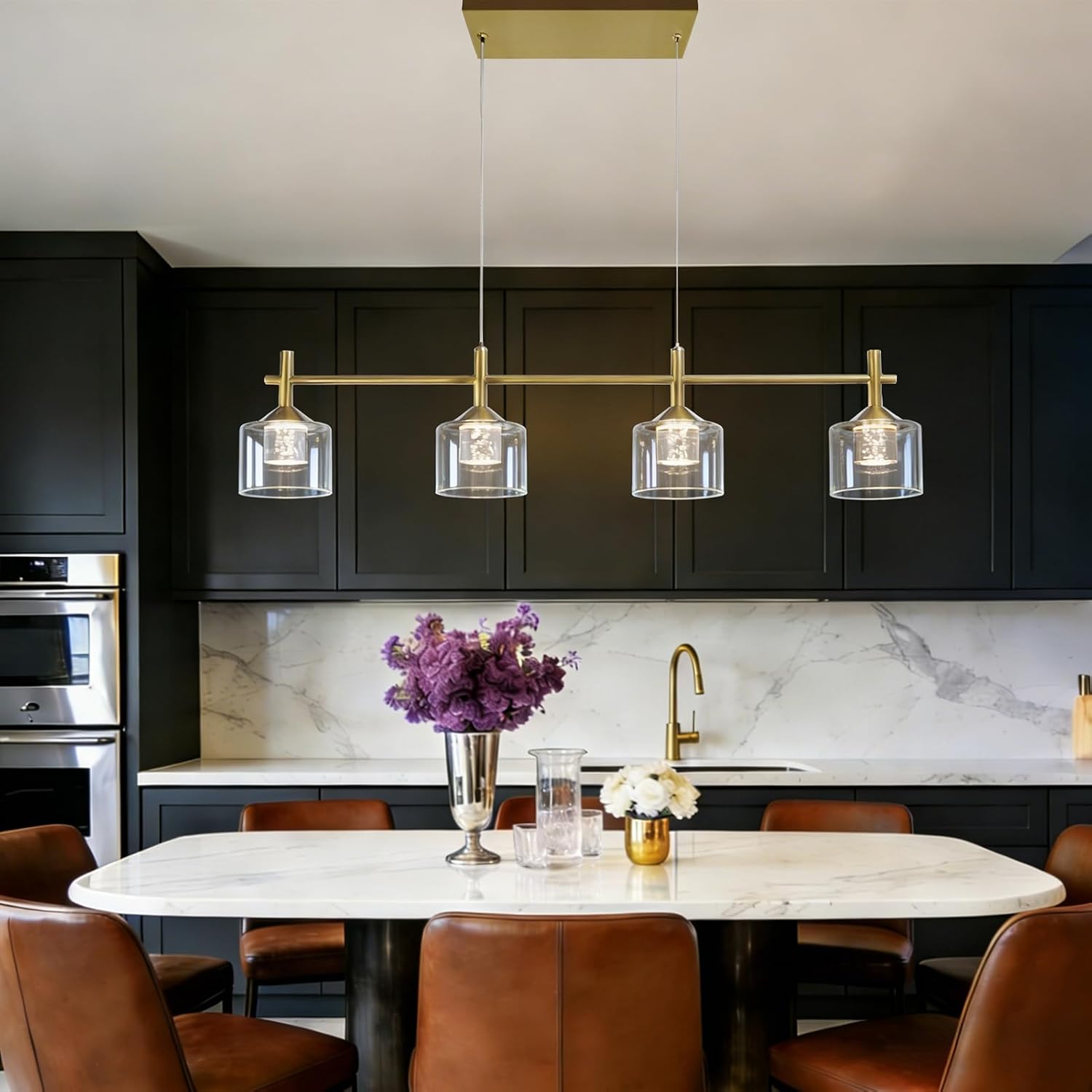Modern Gold Linear Chandeliers for Dining Room,35" 4-Light Kitchen Island Lighting,Adjustable Height Led Dining Room Light Fixture,Pendant Lights Kitchen Island for Living Room