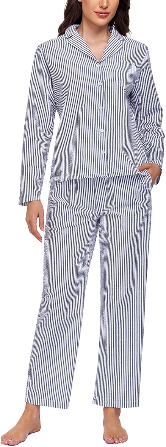 Women's Striped Seersucker Pajama Set Cotton Long Sleeve Button Down PJs 2-Piece Lounge Set with Pockets