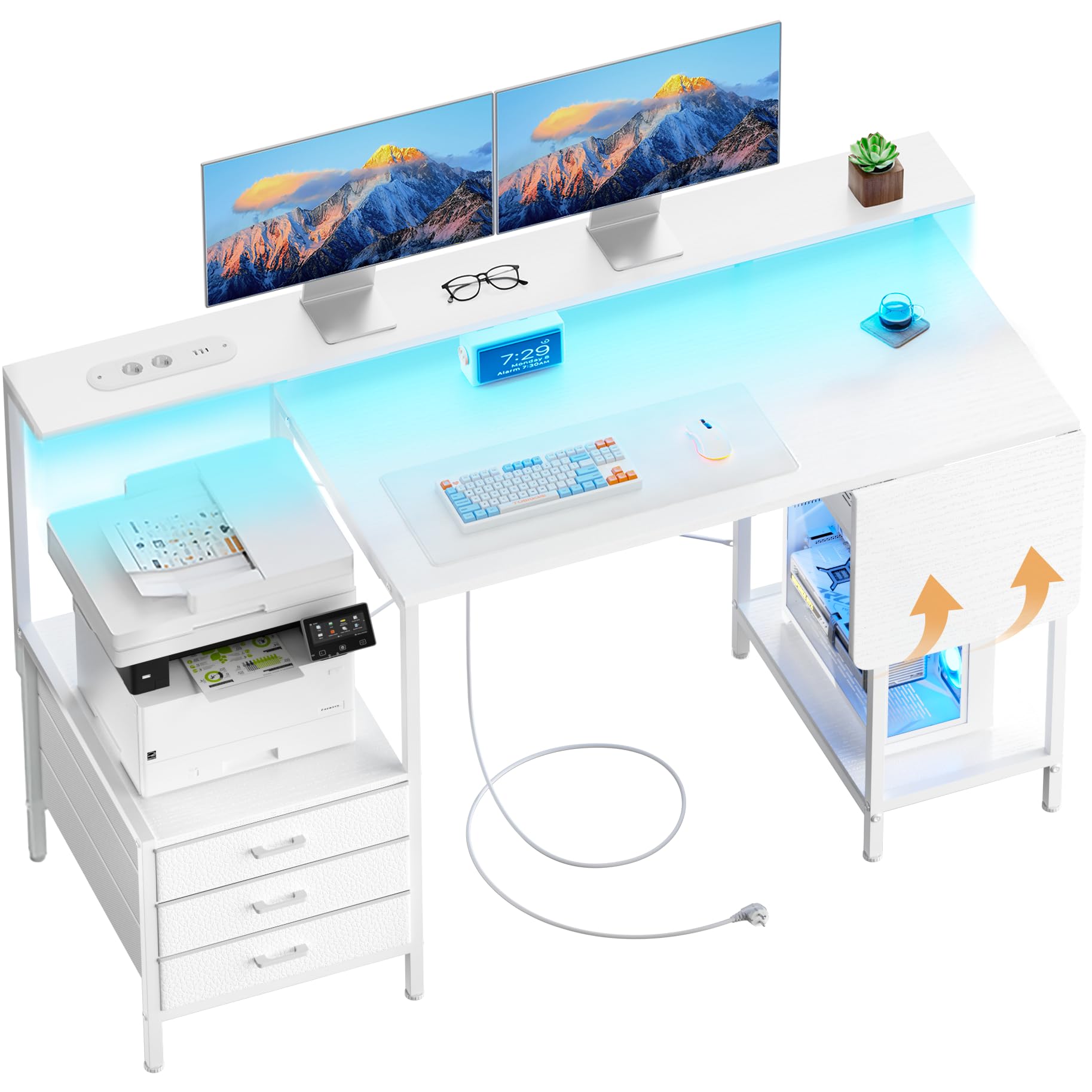 HLONONE 140 × 85 cm Schreibtisch mit Schubladen & LED, Computertisch mit Steckdose, Bürotisch mit Stauraum und Monitorablage, Eckschreibtisch für Homeoffice Schlafzimmer, Weiß