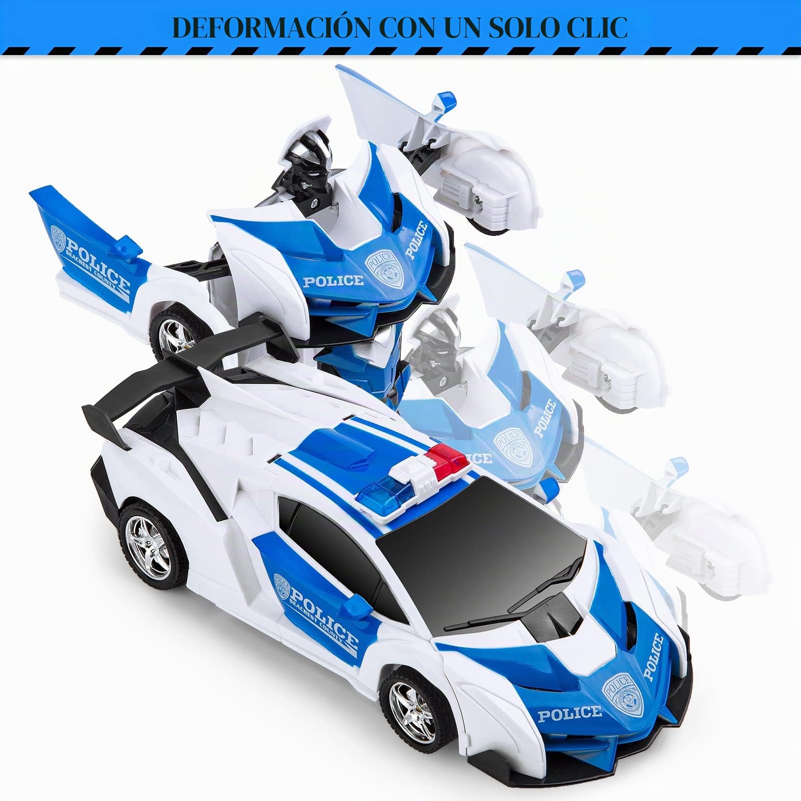 Highttoy Coche Policia Teledirigido Robot Juguetes Niños 3 4 5 6 7 8 Años, Transformador Juguete Coche Radiocontrol Rotación de 360° 2.4GHz 1:18 Robot Niños, Blanco